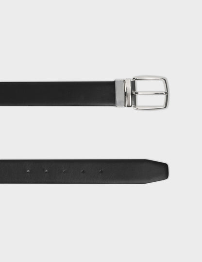 Ceinture réversible en cuir lisse noir et cuir grainé marron