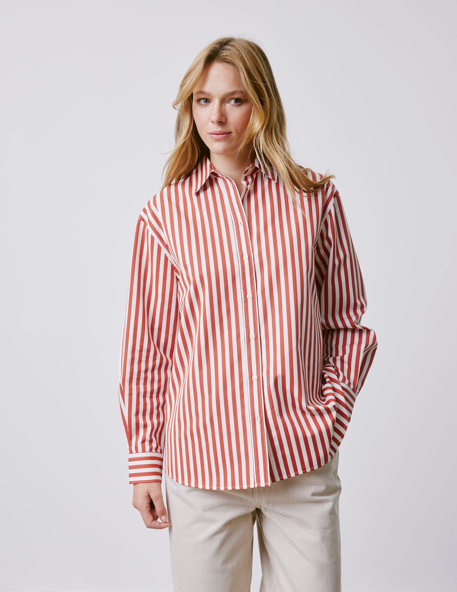 Chemise oversize Delina rayée rouge - Popeline - Col Chemise#4