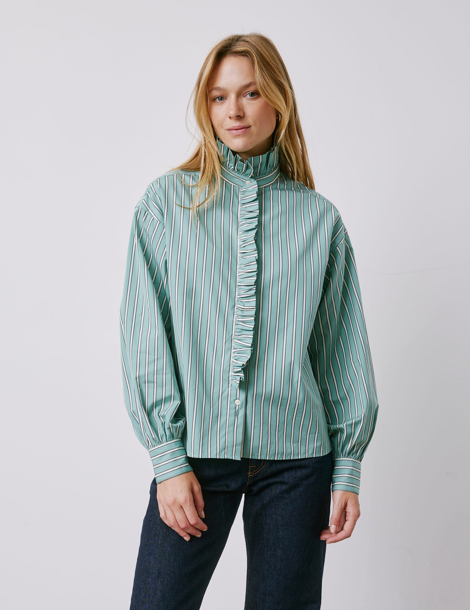 Chemise Greta rayée vert sauge - Popeline - Col Victorien