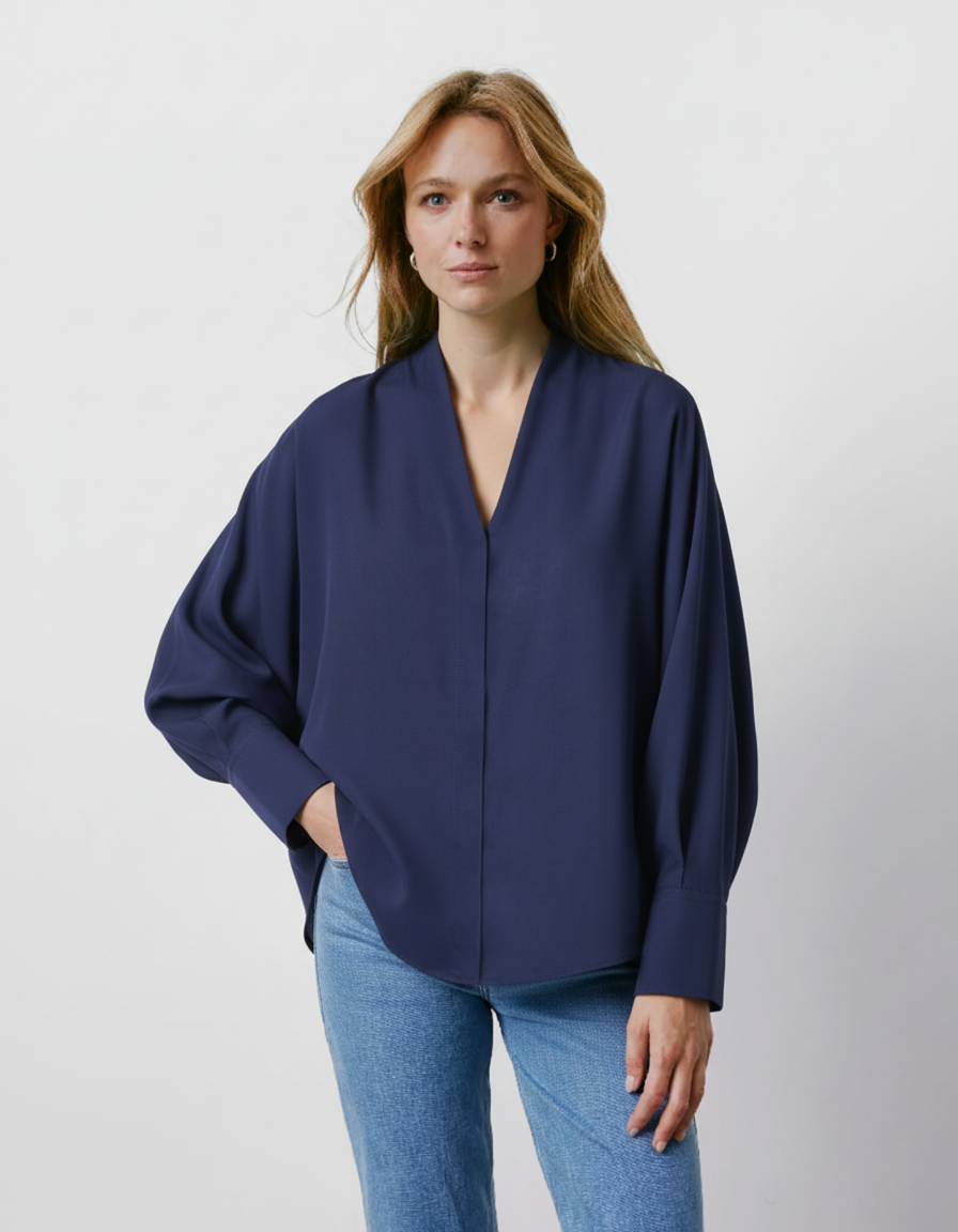 Chemise Ilena gorge cachée en lyocell bleu marine - Lyocell - Col Châle montant