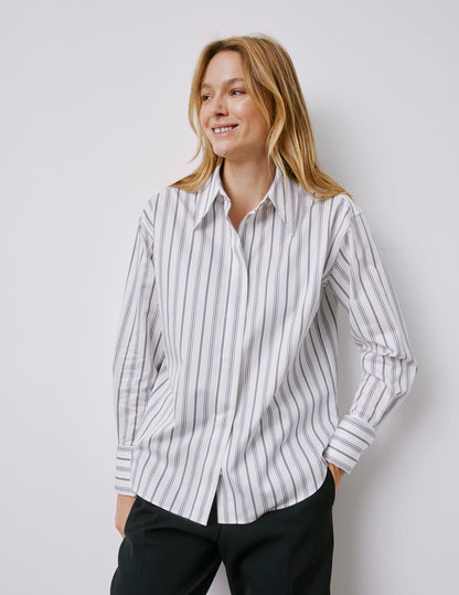 Irisa navy striped hidden button placket shirt