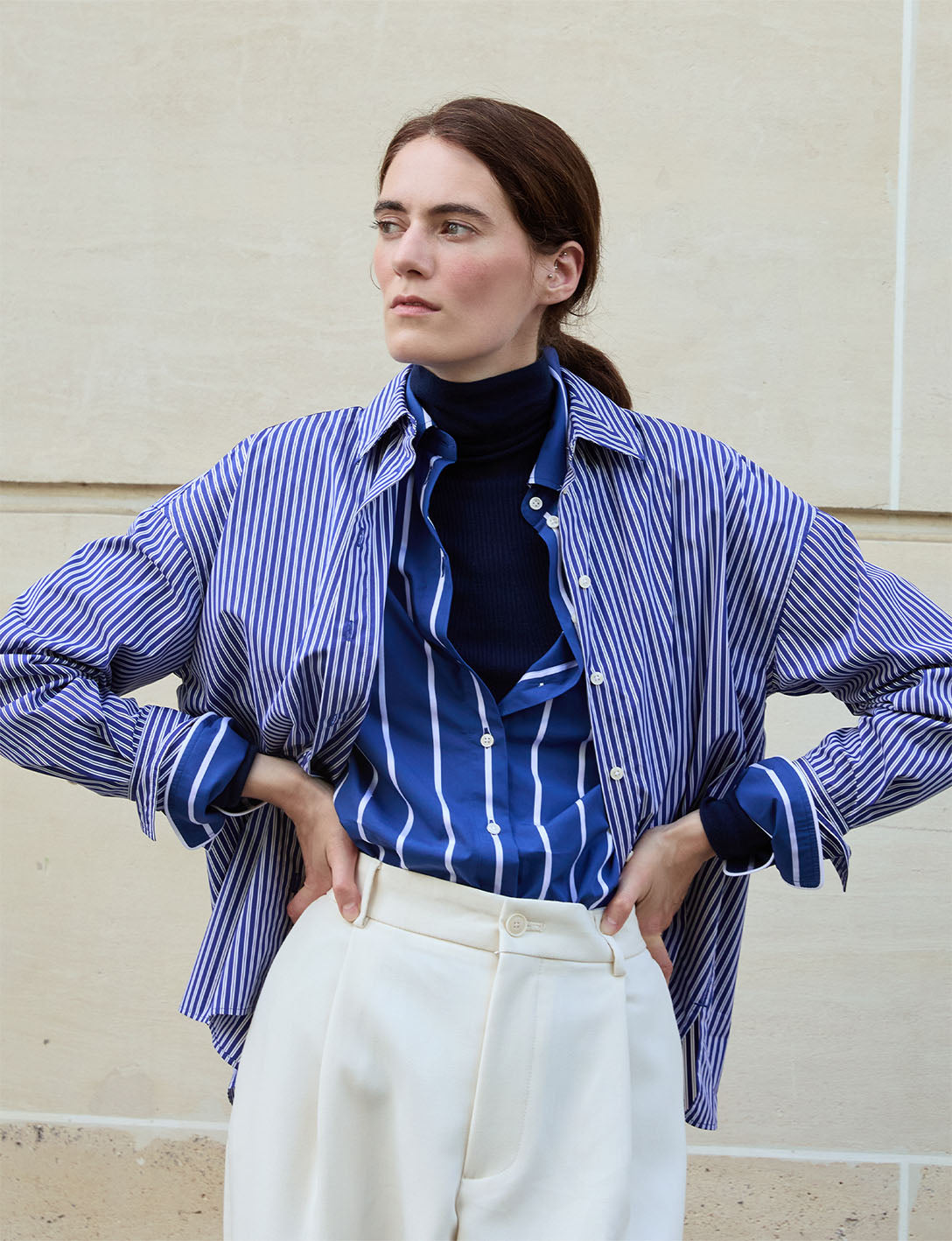 Lizandra navy striped oversized shirt - Poplin - Shirt Collar