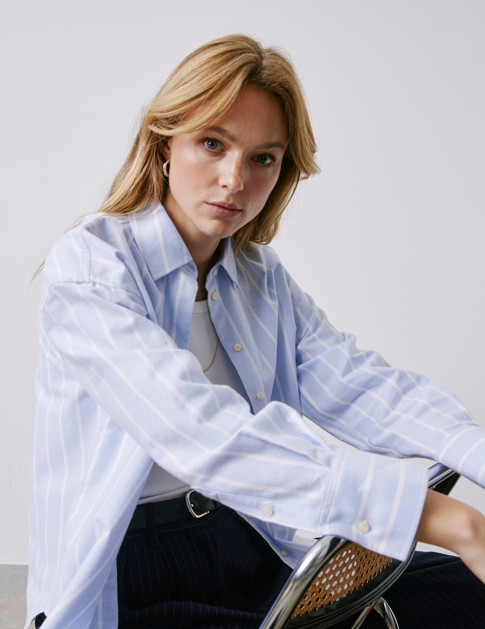 Chemise oversize Lizandra rayée bleue - Oxford gratté - Col Chemise