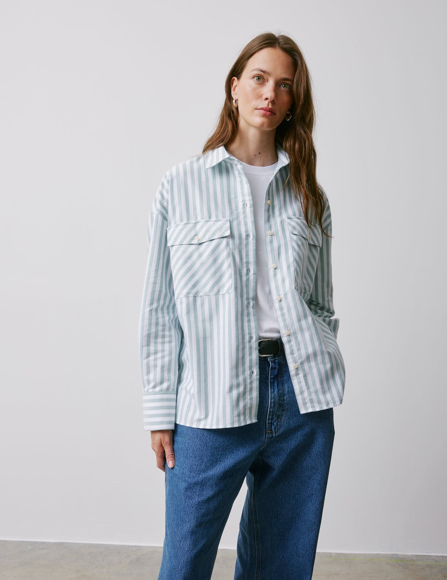 Chemise oversize Maliza rayée verte - Oxford gratté - Col Chemise#3