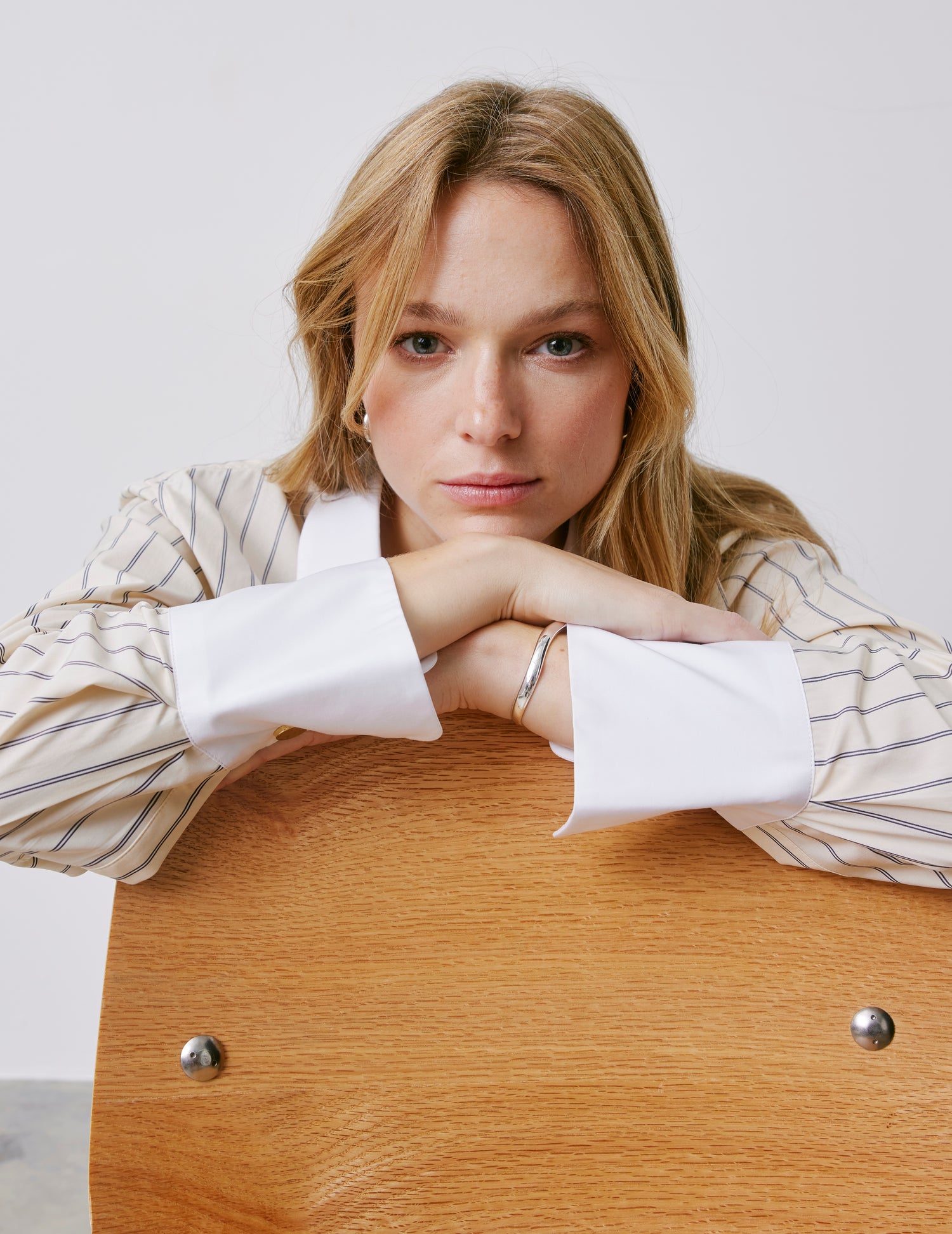 Chemise Mathéa gorge cachée rayée beige - Popeline - Col Chemise#2