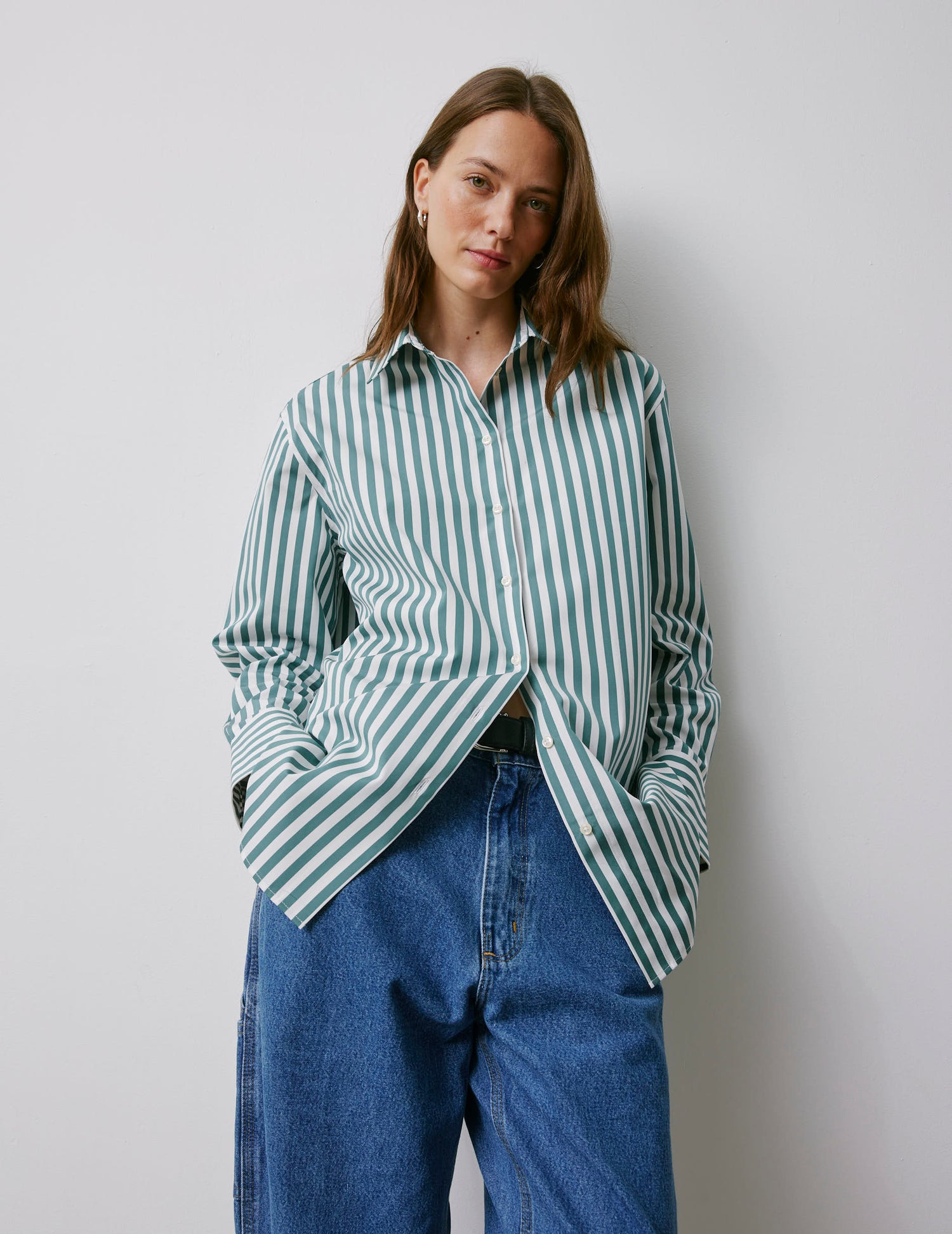 Chemise oversize Mathilde rayée vert sauge - Popeline - Col Chemise