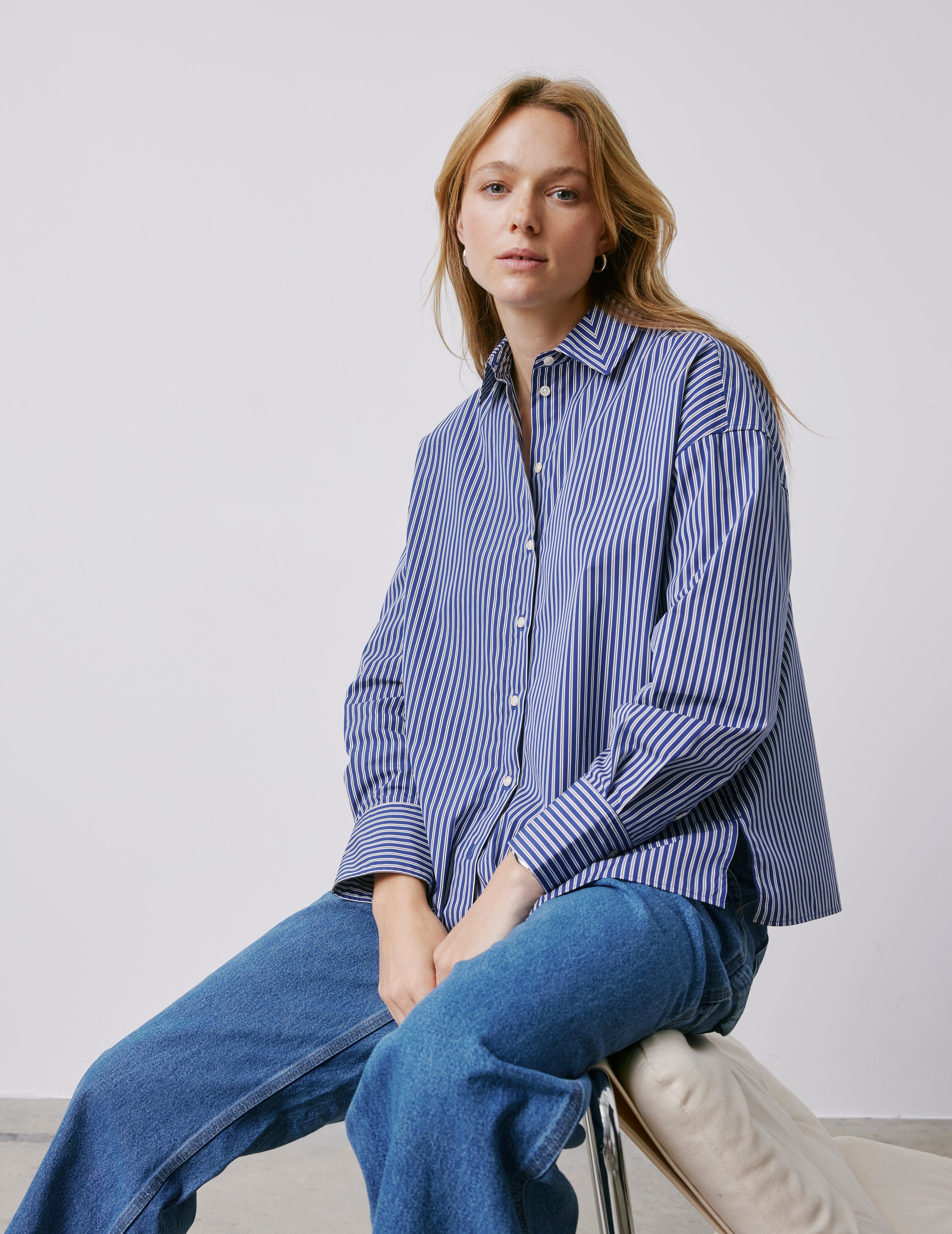 Chemise oversize Mélanie rayée bleue - Popeline - Col Chemise