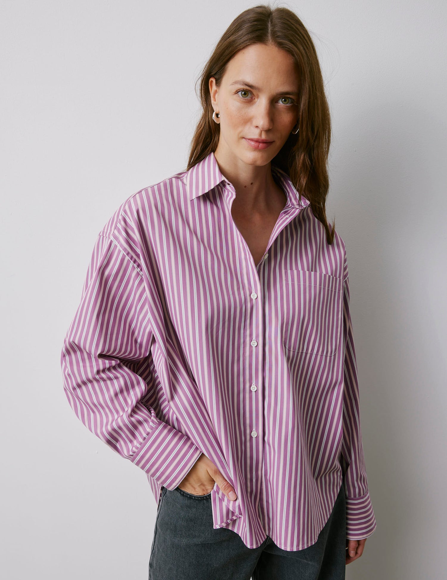 Chemise oversize Soffy rayée rose et violet - Popeline - Col Chemise#5
