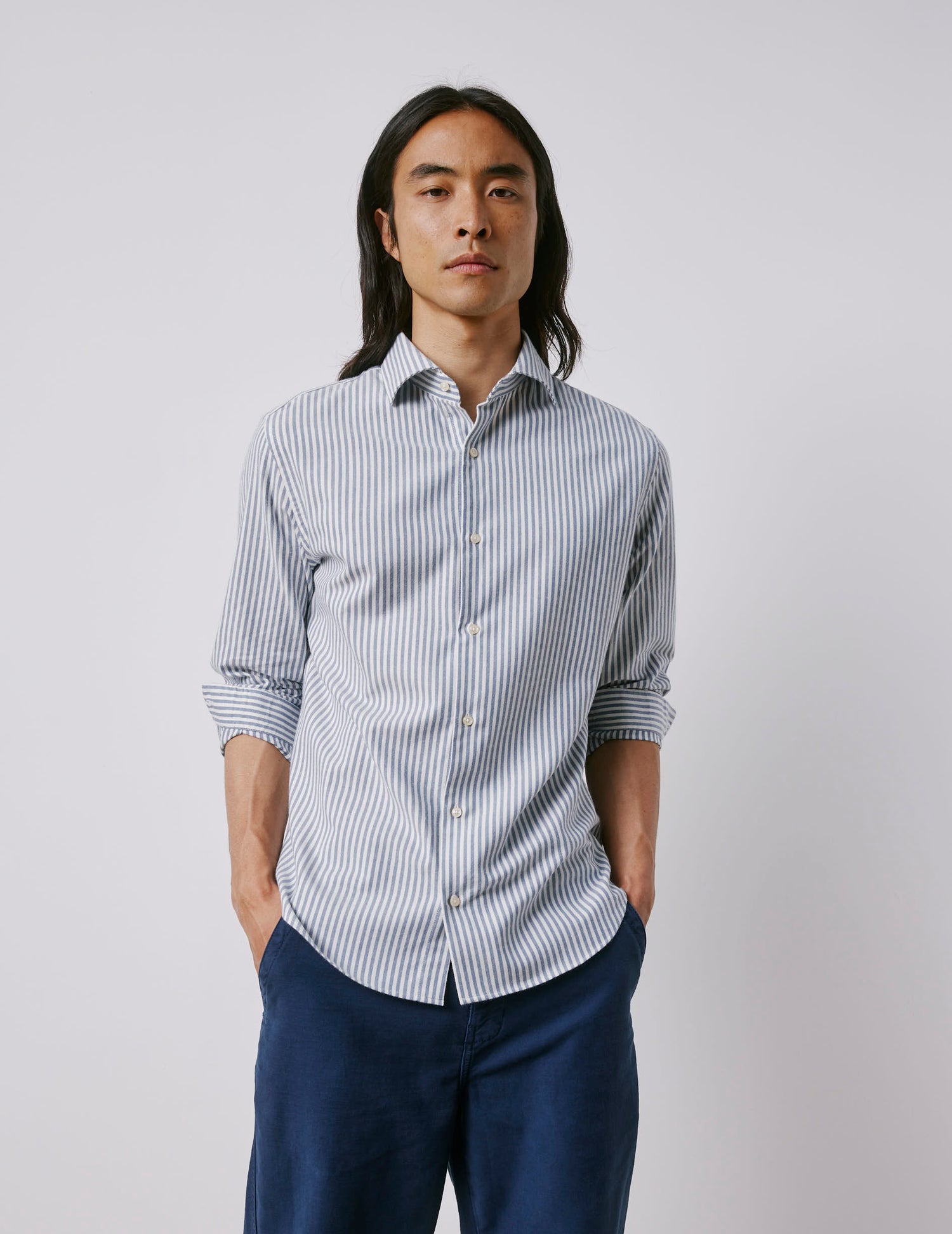 Chemise Aristote rayée bleu marine - Flanelle - Col Italien