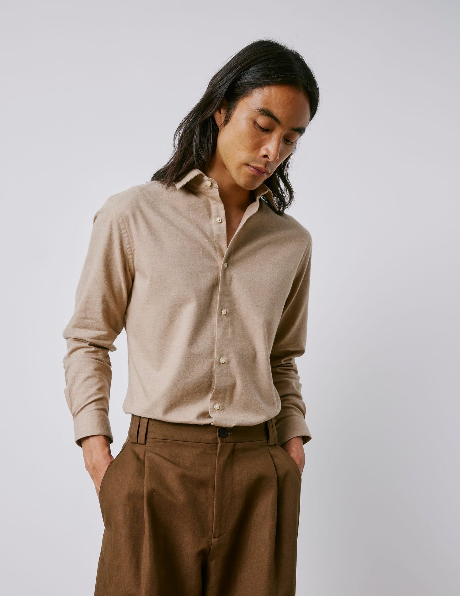 Chemise Auguste beige - Flanelle - Col Français