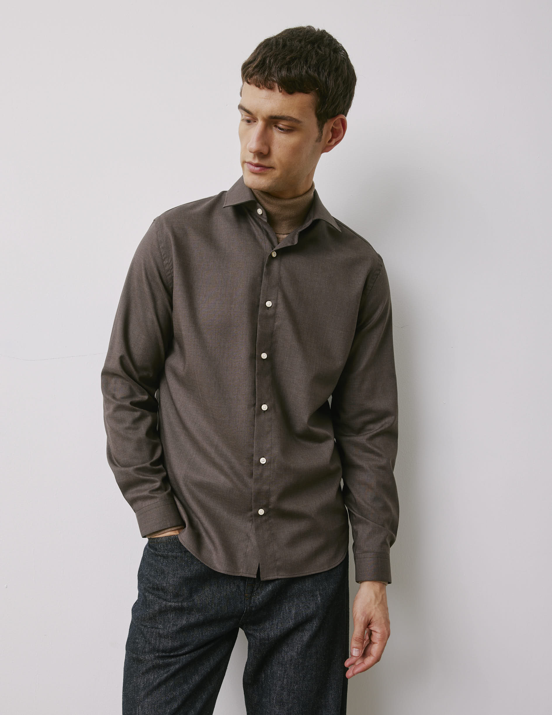 Chemise Auguste en laine vierge marron - Toile - Col Français