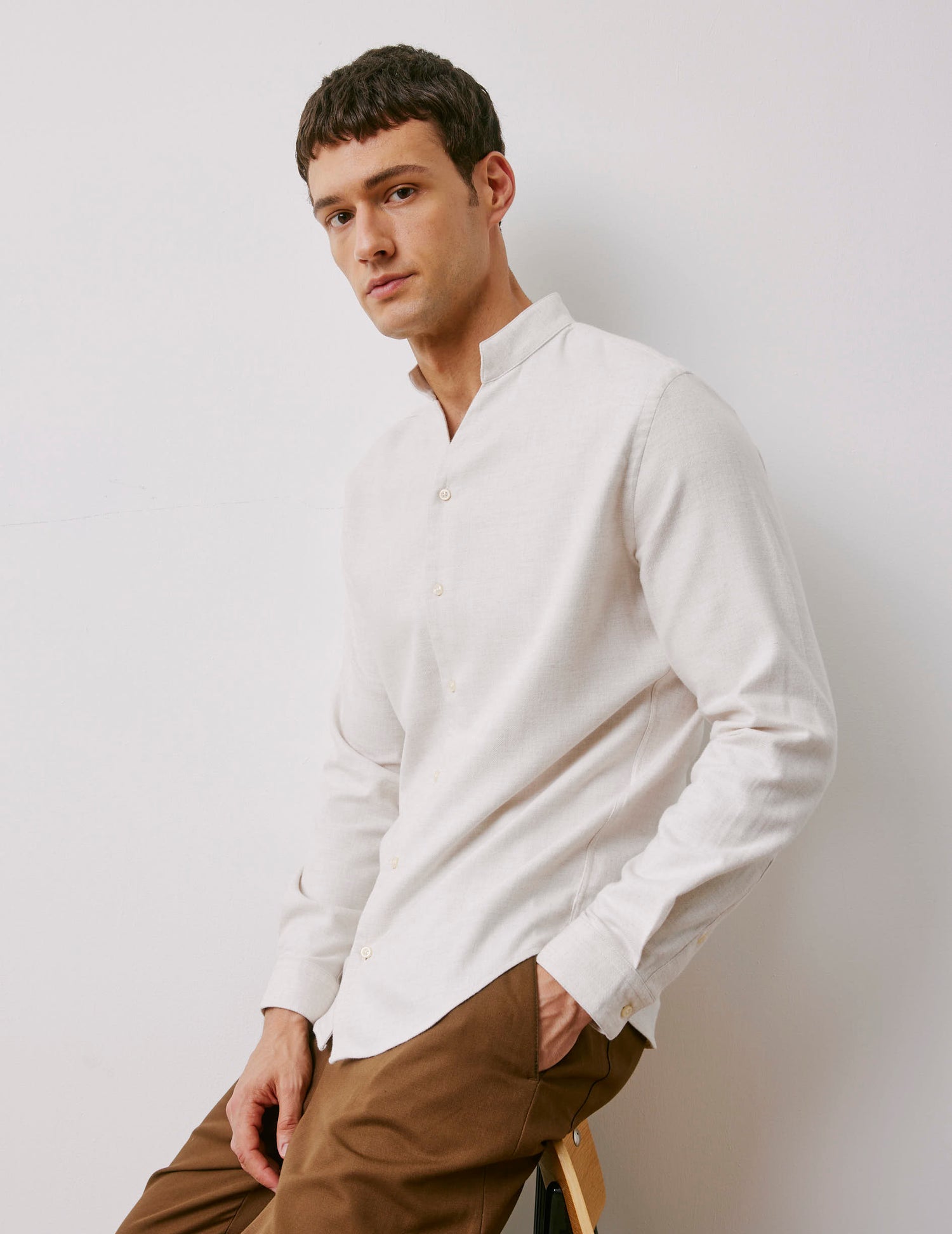 Chemise Carl écrue chinée - Flanelle - Col Droit Ouvert