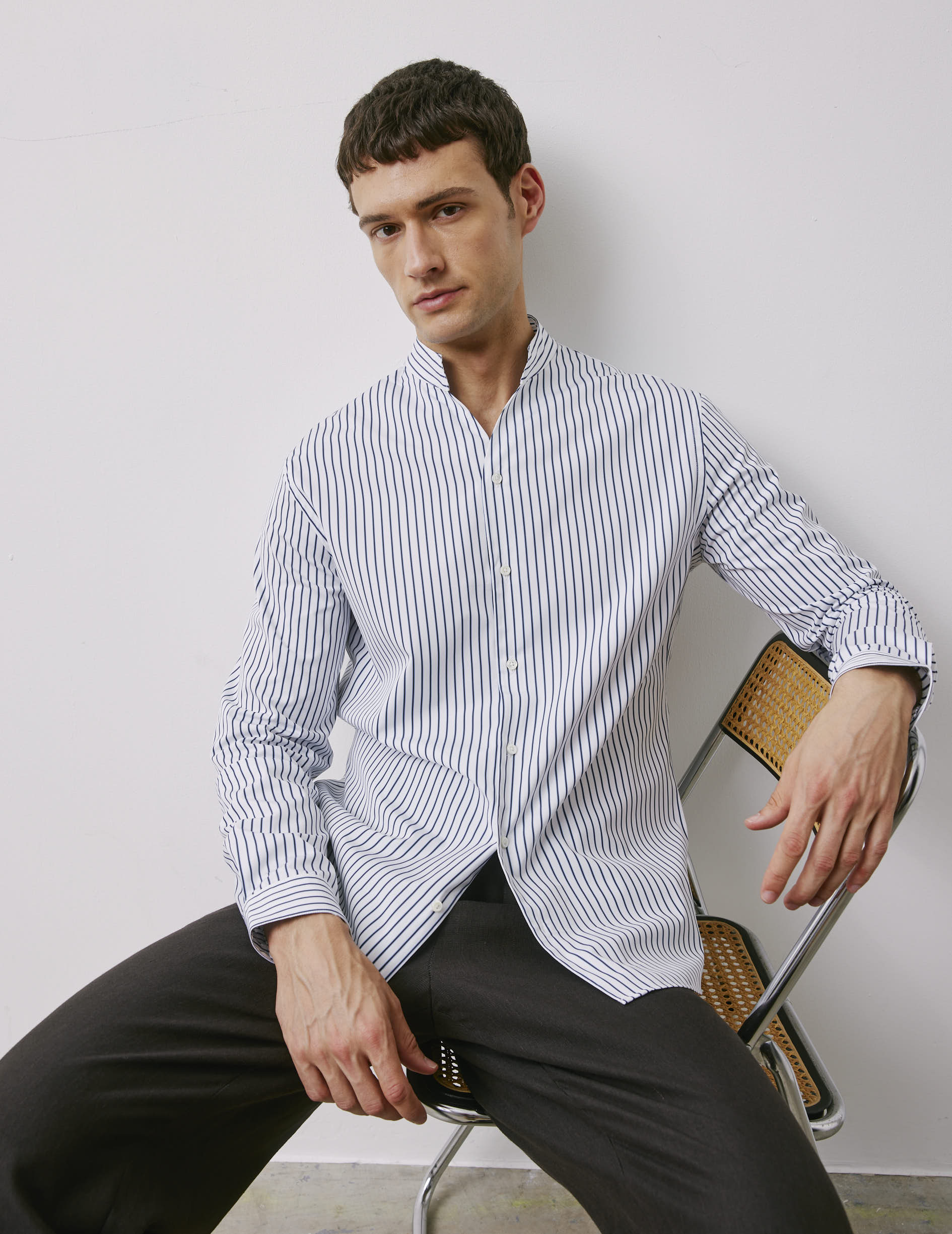 Carl navy striped shirt - Poplin - Open straight Collar