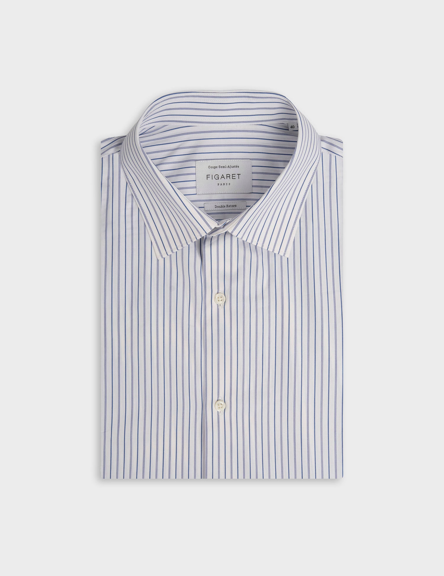 Chemise semi-ajustée rayée bleue - Popeline - Col Figaret - Poignets Mousquetaires