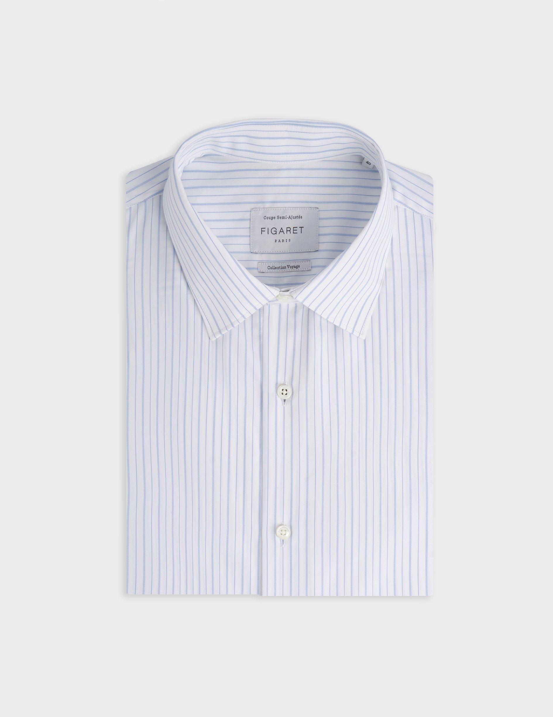 Chemise semi-ajustée Voyage rayée bleue - Popeline - Col Figaret - Repassage facile