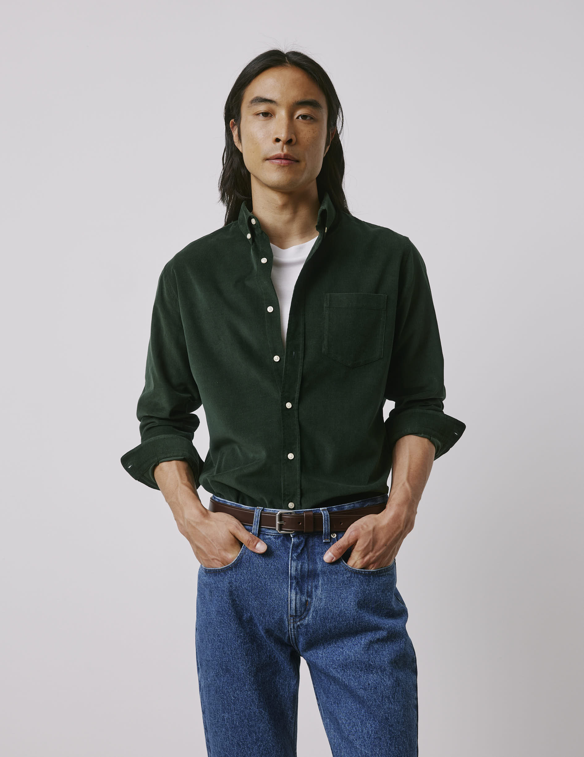 Chemise Gabriel en velours vert - Velours - Col Américain