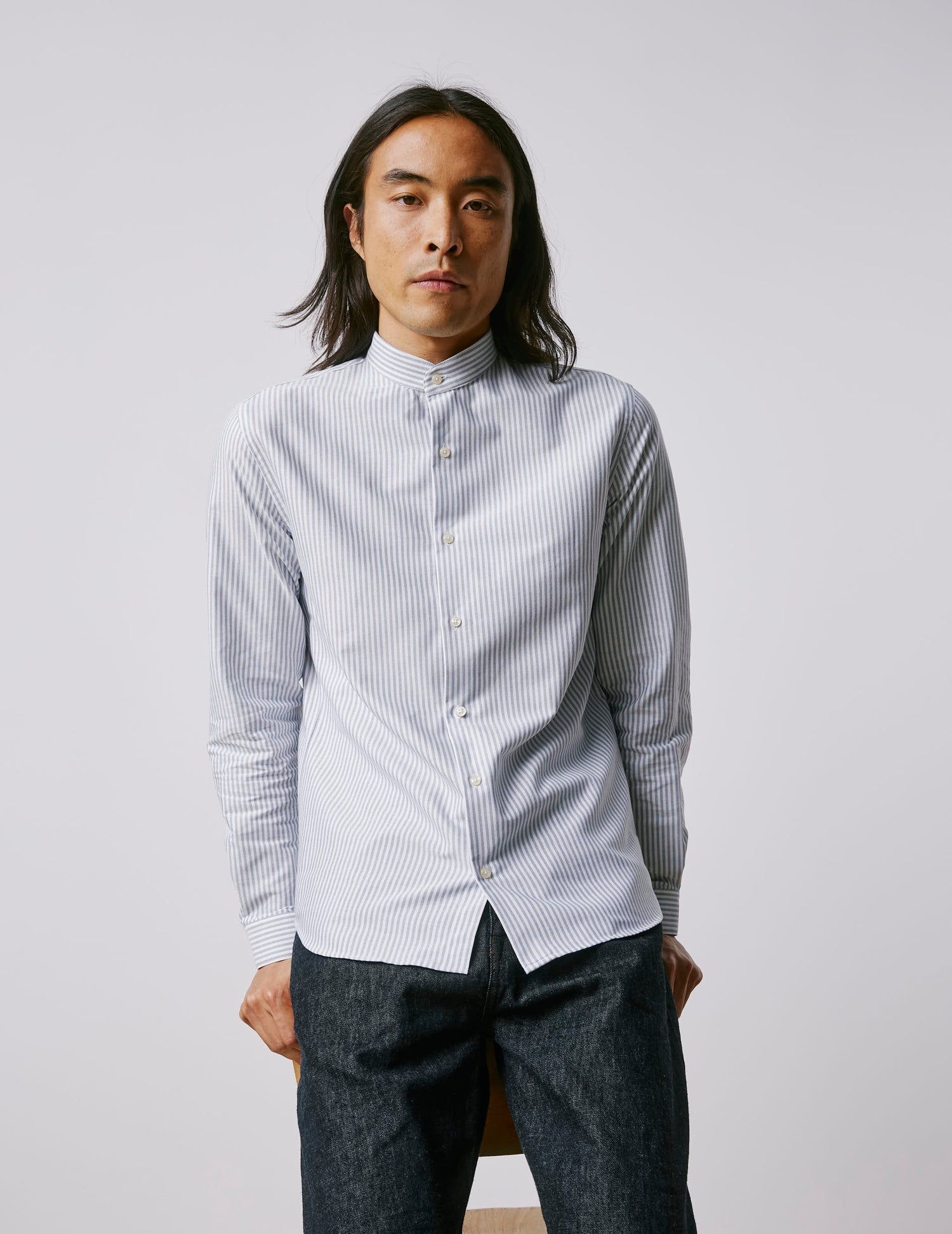 Chemise Herwin rayée bleu marine - Oxford - Col Officier#4