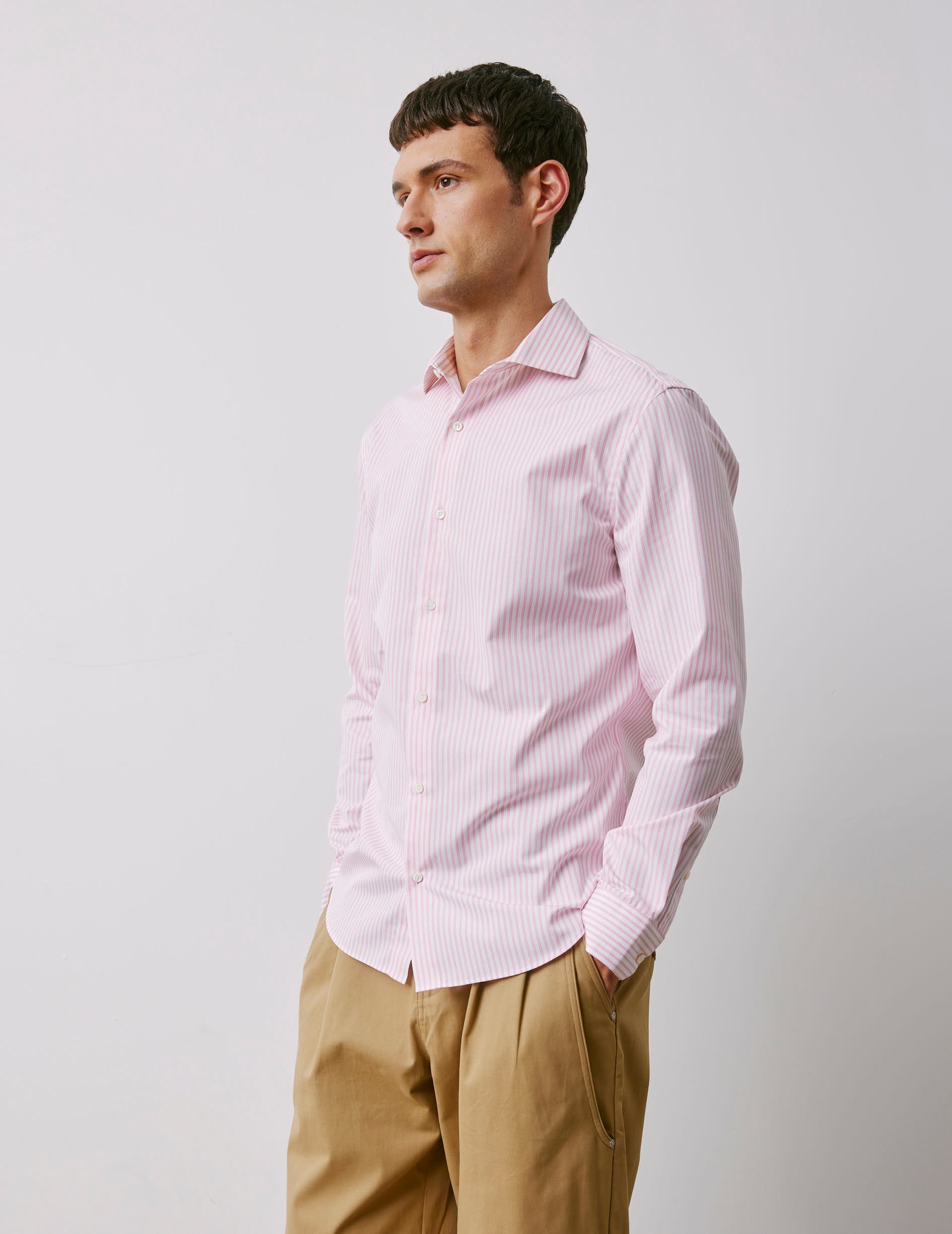 Chemise ajustée rayée rose - Popeline - Col Italien