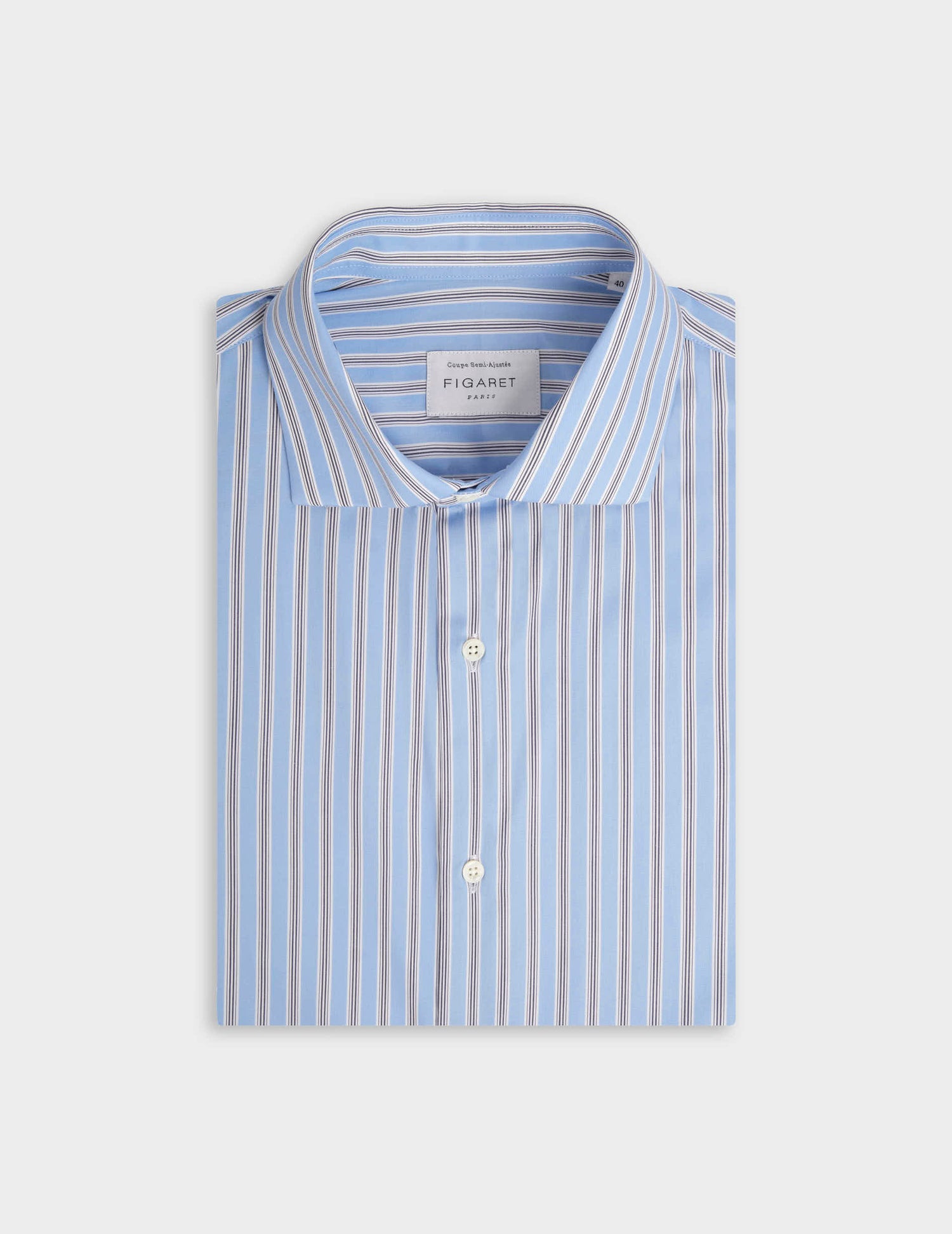 Chemise semi-ajustée rayée bleue - Twill - Col Italien