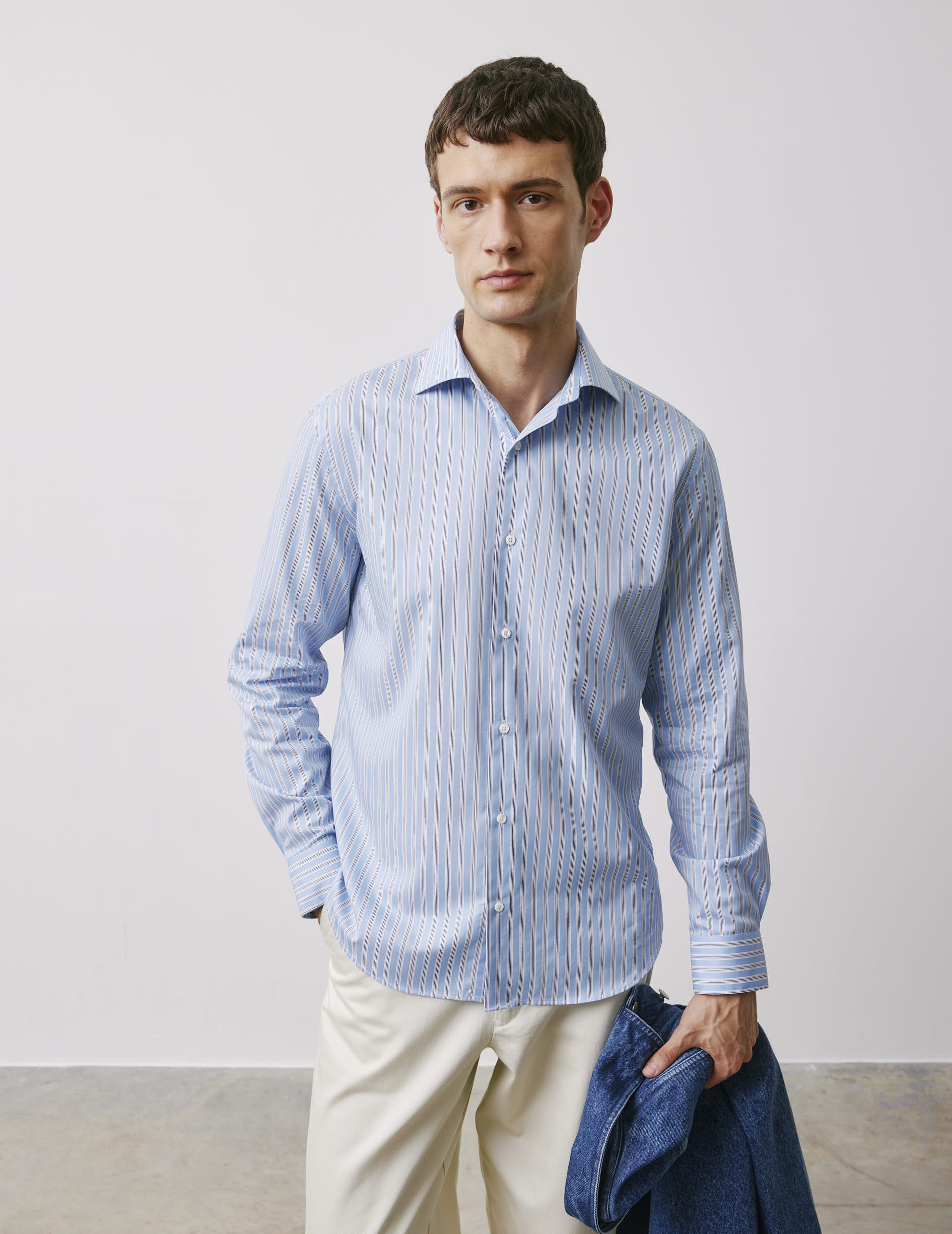 Chemise semi-ajustée rayée bleue - Twill - Col Italien
