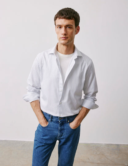 Semi-fitted navy striped shirt