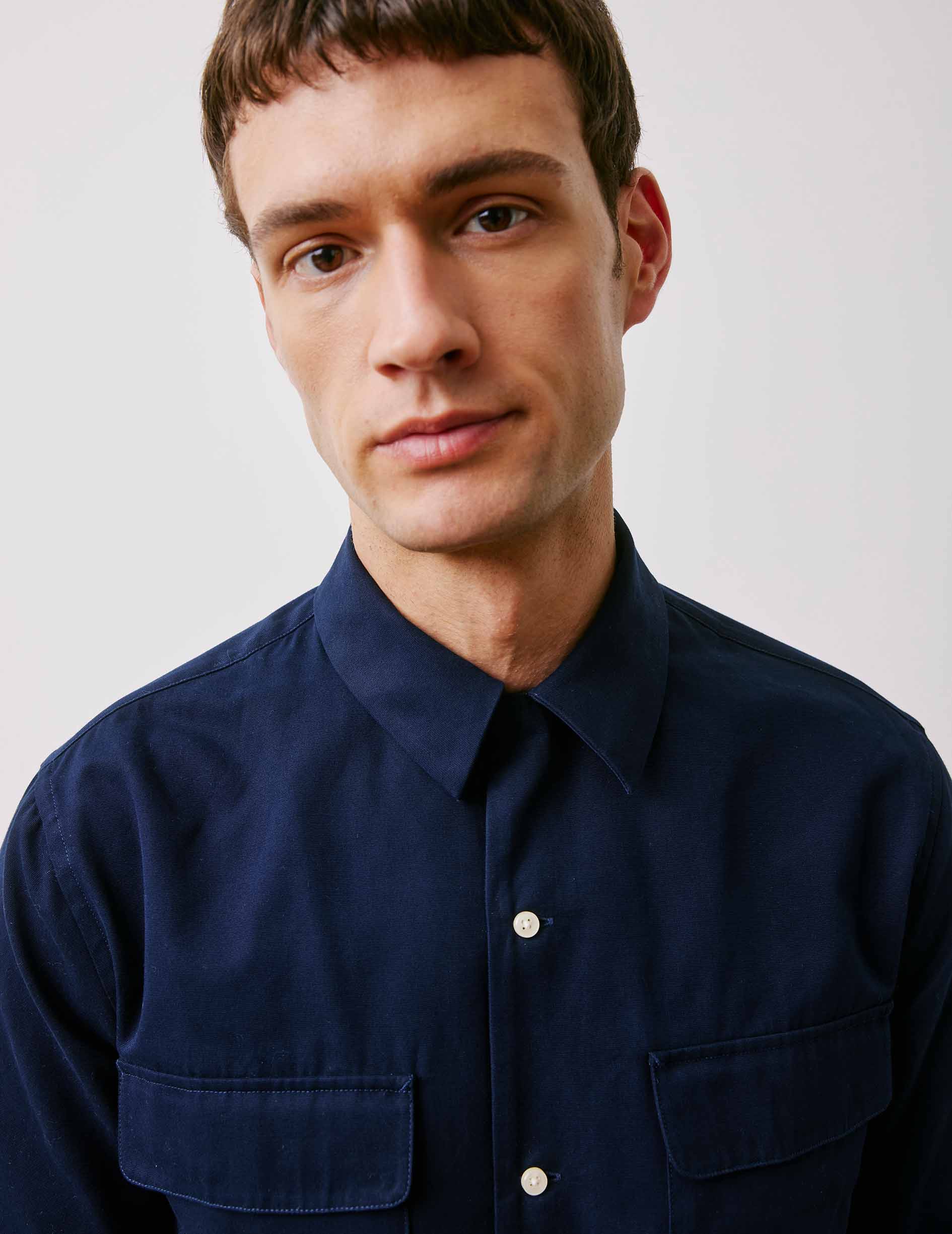 Chemise Ivano bleu marine - Twill - Col Cubain avec bride