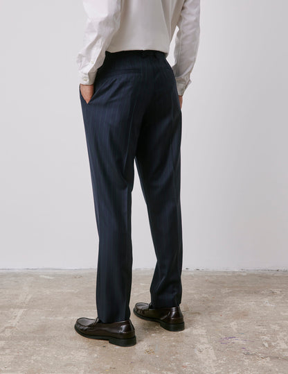 Pantalon de costume Driss en laine vierge marine rayé