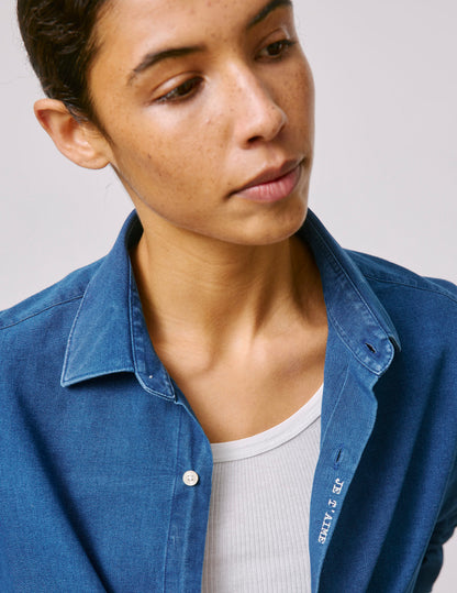 Denim "Je t'aime" unisex shirt with off-white embroidery