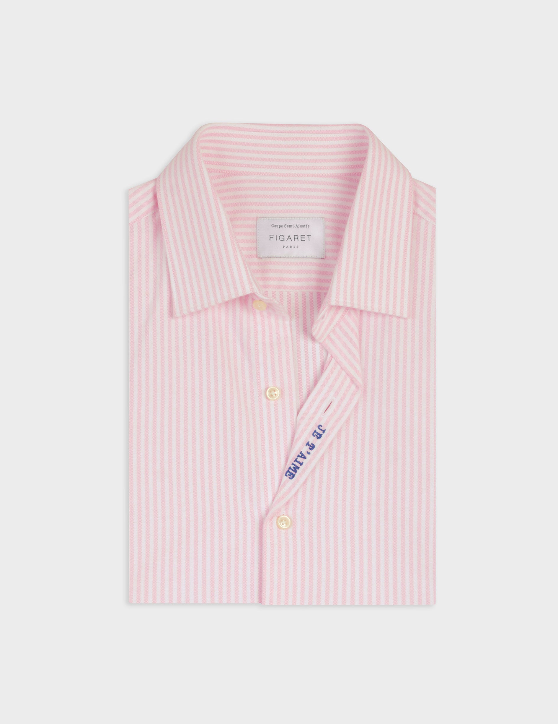Chemise mixte "Je t'aime" rayée rose - Oxford gratté - Col Figaret