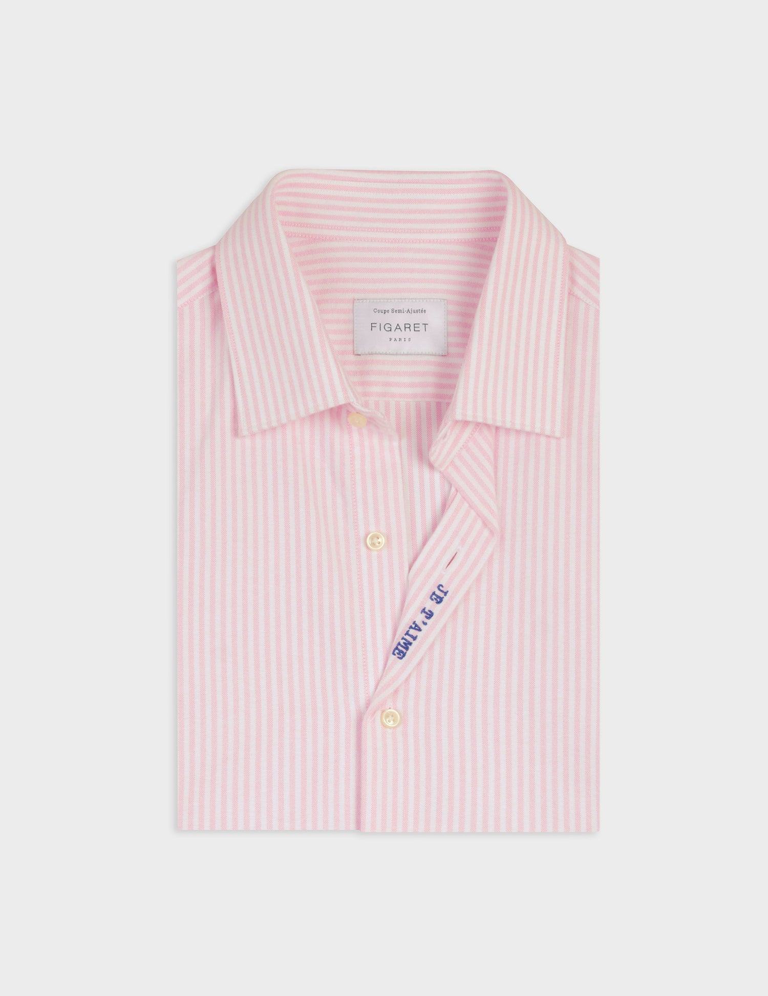 Chemise mixte "Je t'aime" rayée rose - Oxford gratté - Col Figaret