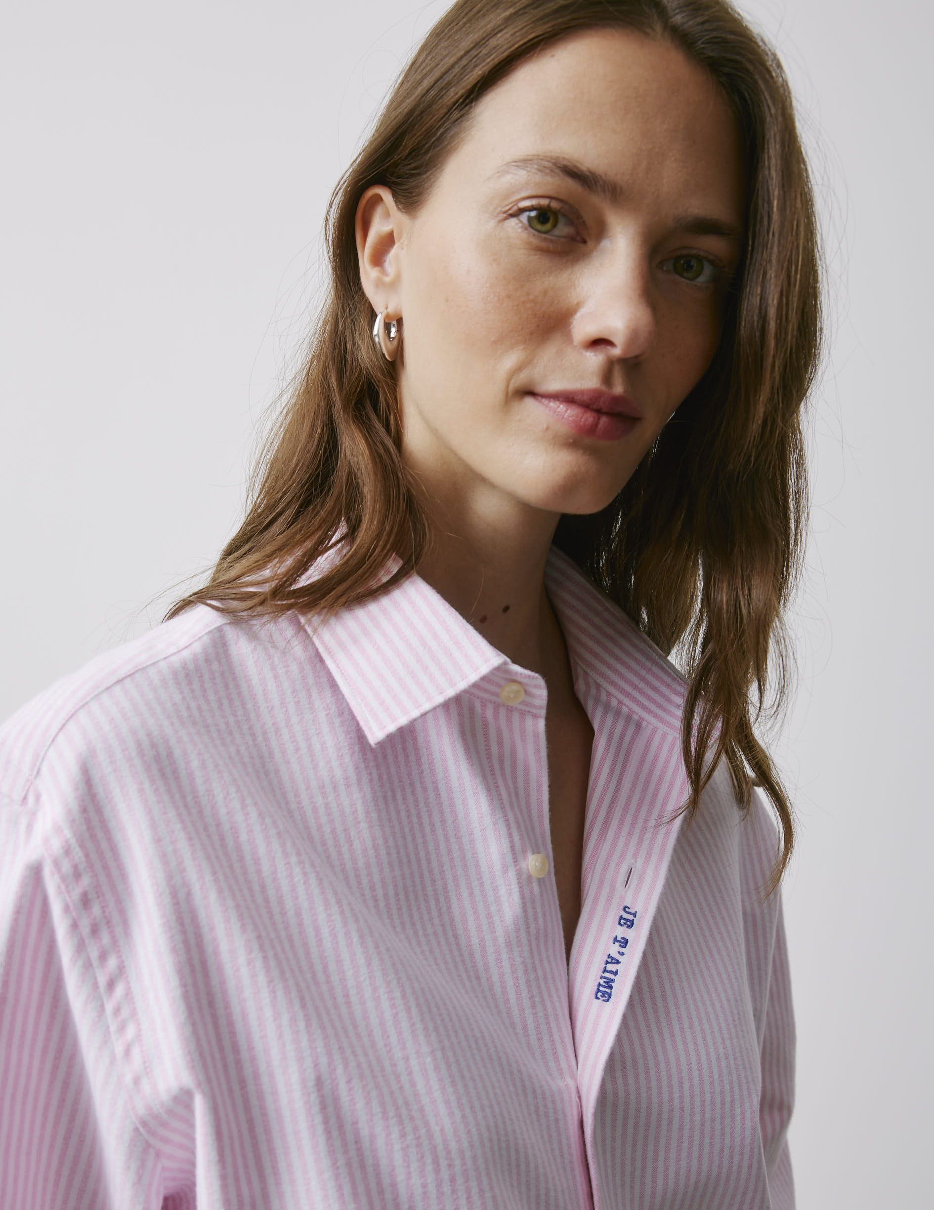 Chemise mixte "Je t'aime" rayée rose - Oxford gratté - Col Figaret