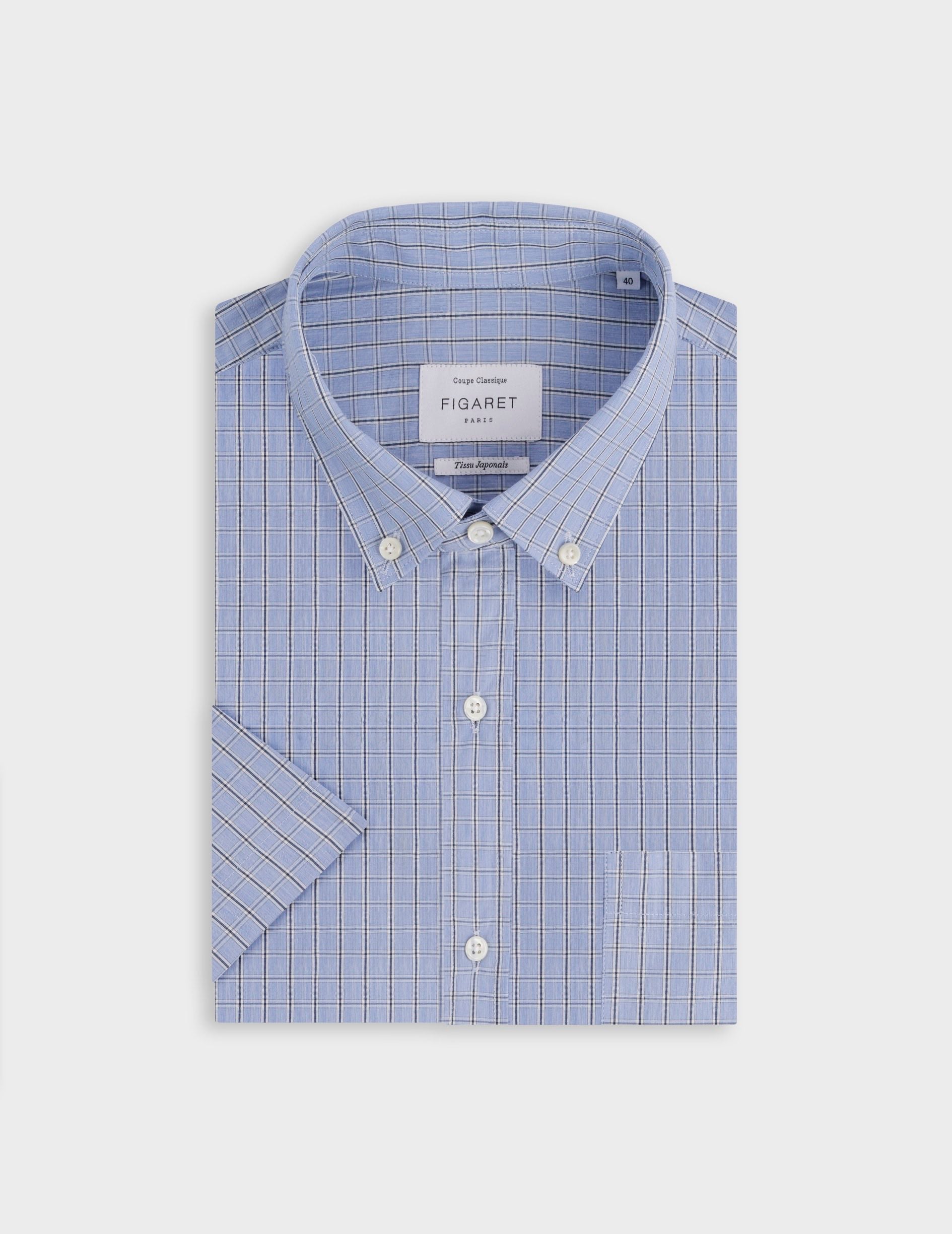 Chemise classique manches courtes à carreaux bleus - Popeline - Col Américain