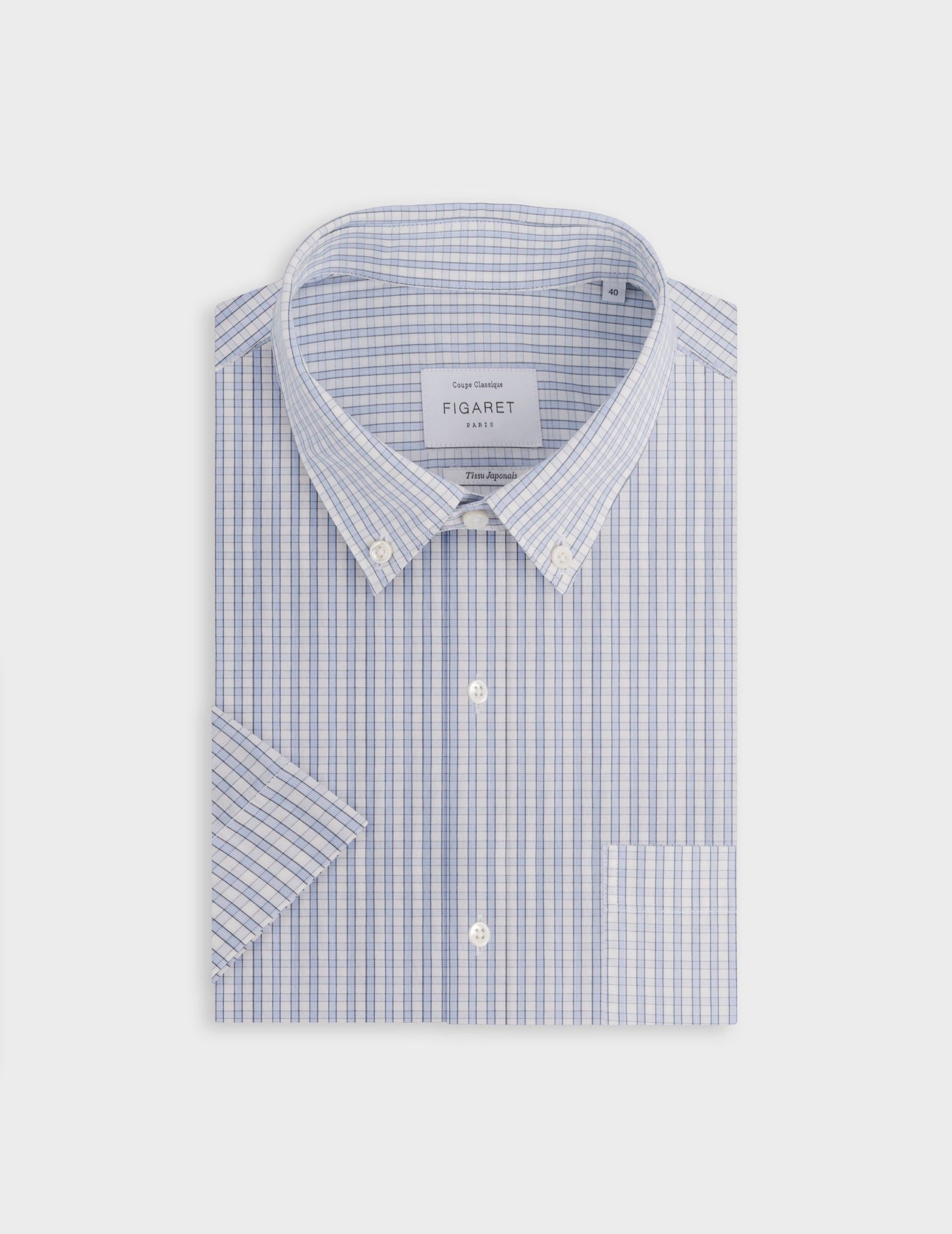 Short-sleeved classic shirt with blue checks - Popeline - Américain Collar