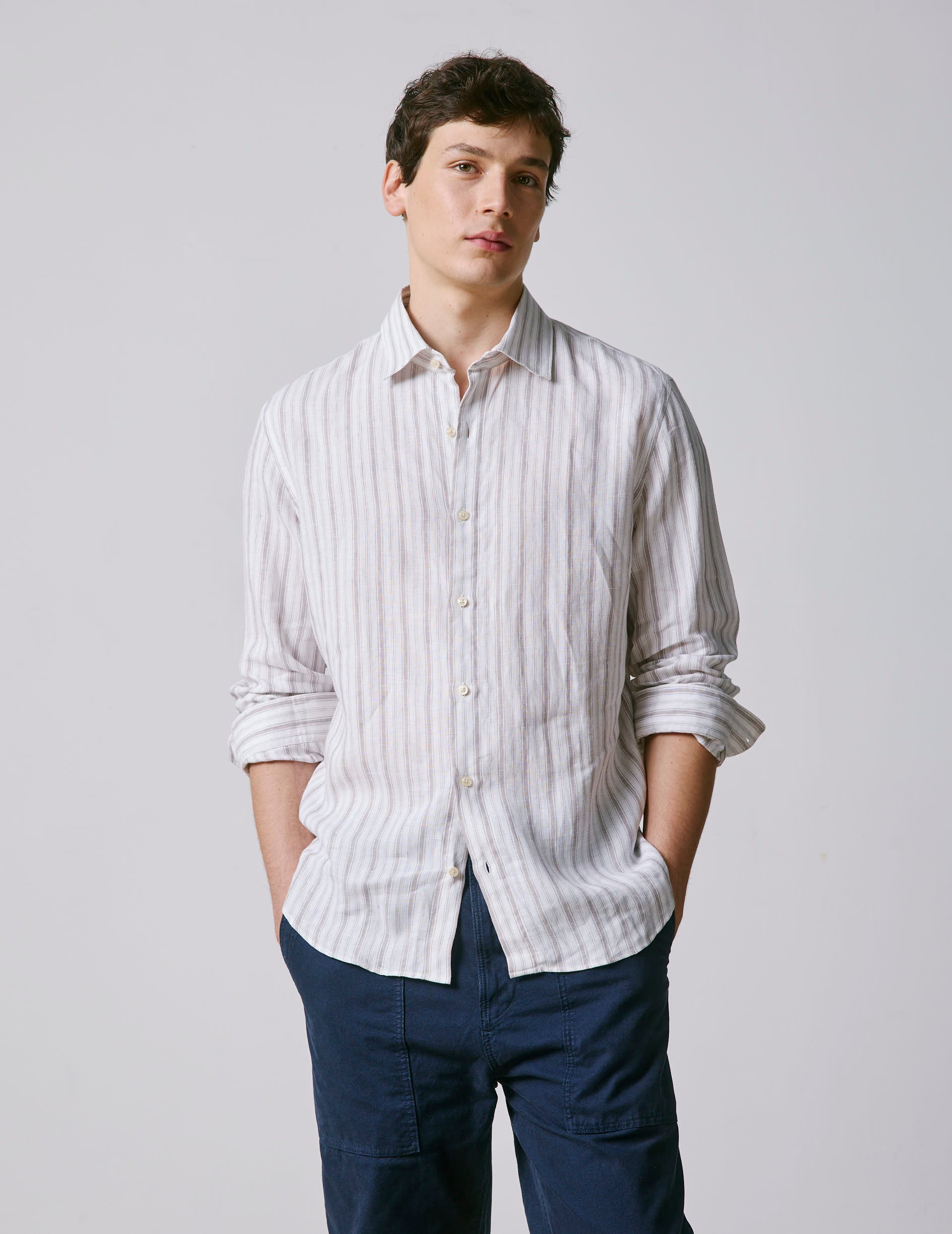 Chemise Auguste en lin rayé beige - Lin - Col Français