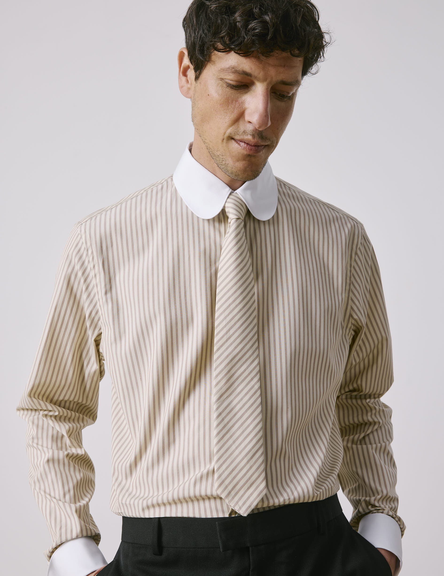 Beige striped poplin tie