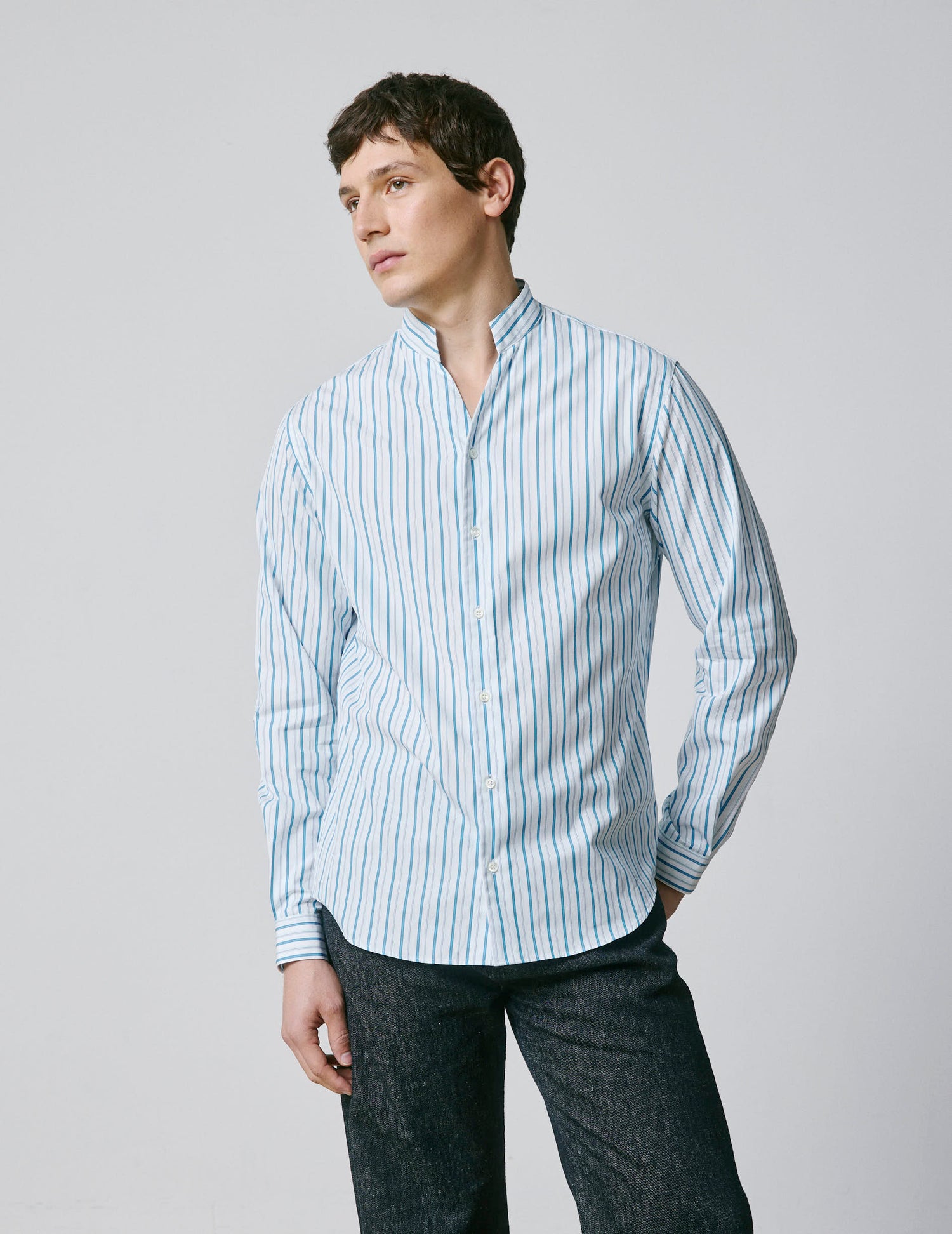 Striped blue Carl shirt - Popeline - droit ouvert Collar