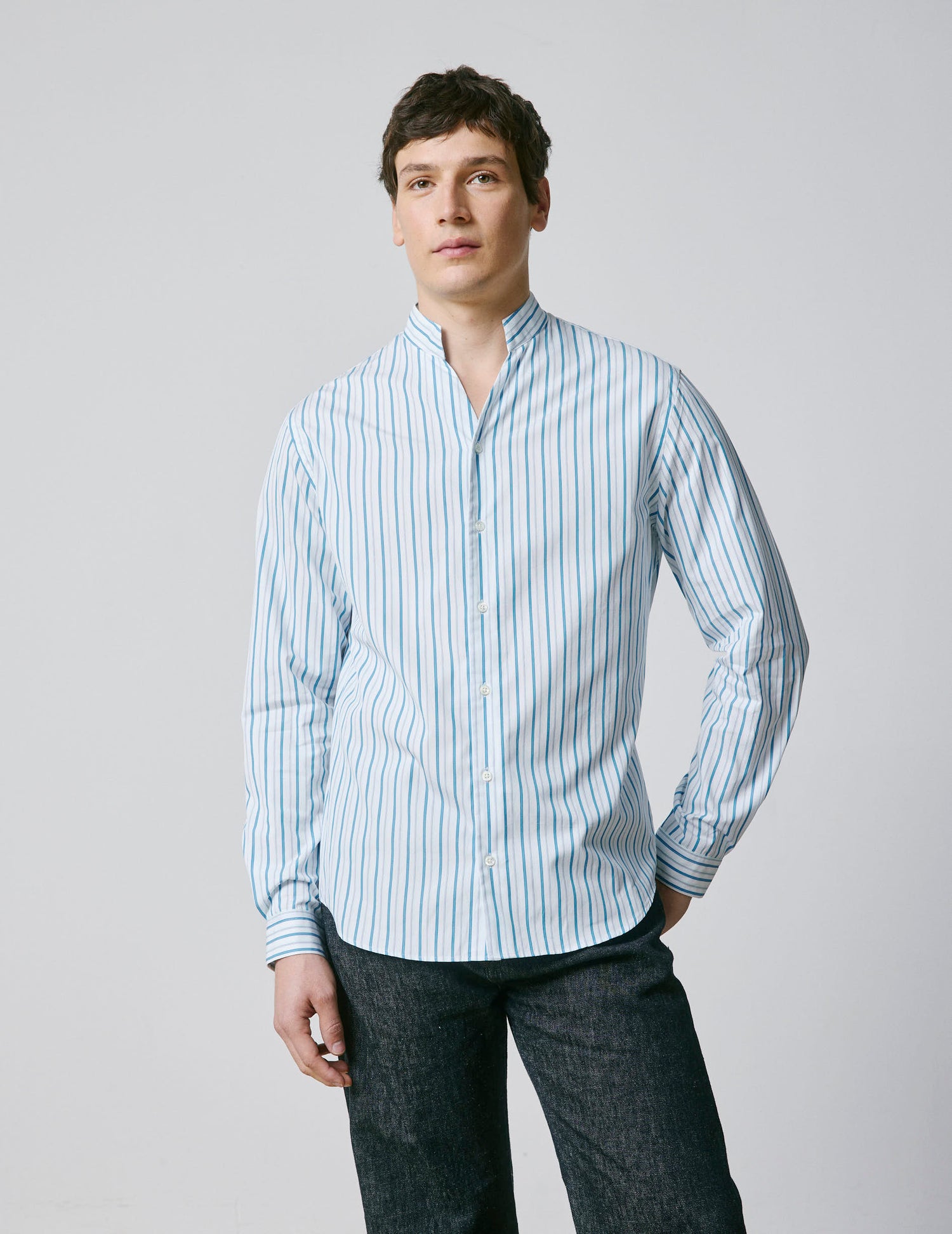 Striped blue Carl shirt - Popeline - droit ouvert Collar#3
