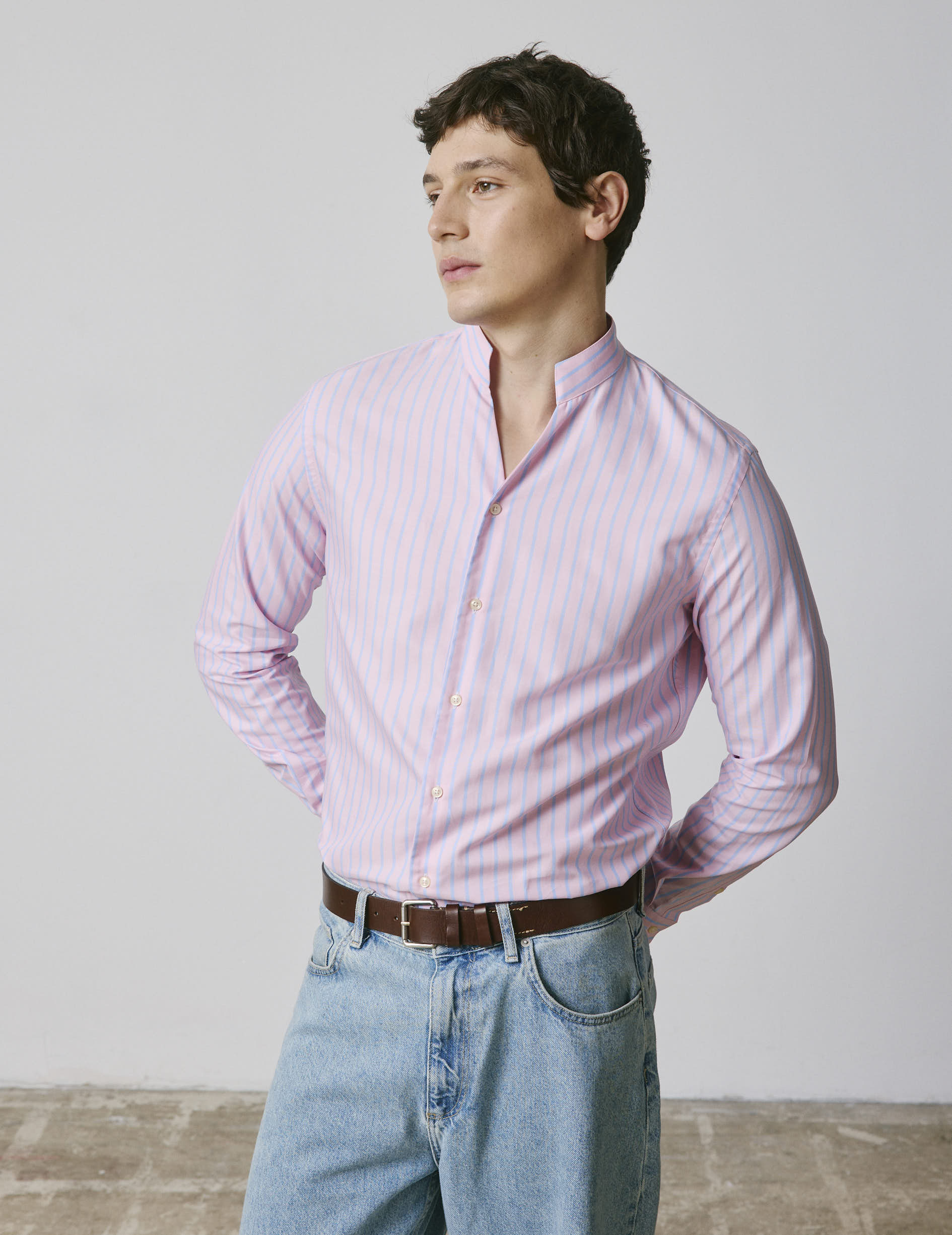 Striped pink Carl shirt - Oxford - droit ouvert Collar
