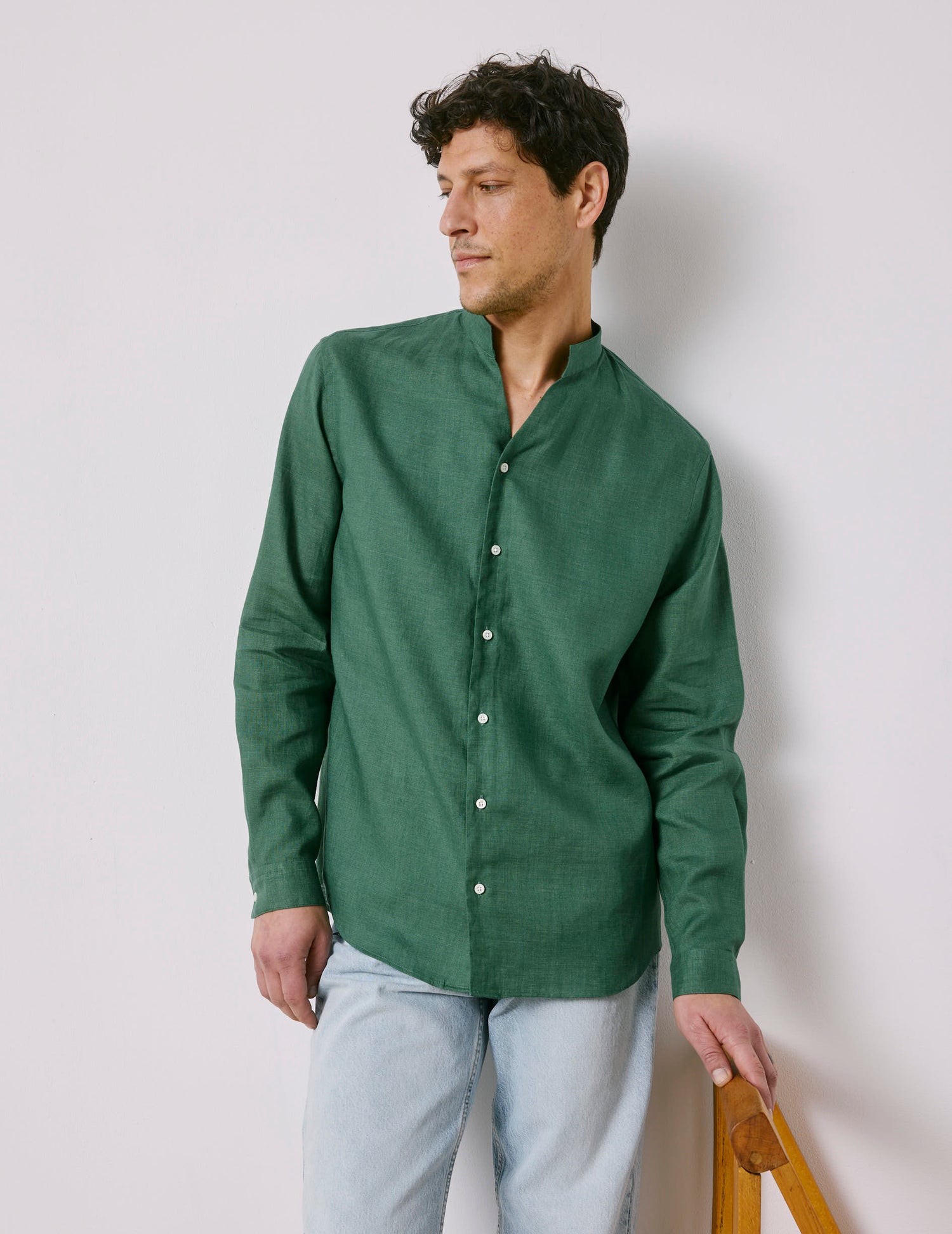 Green linen Carl shirt - Lin - droit ouvert Collar