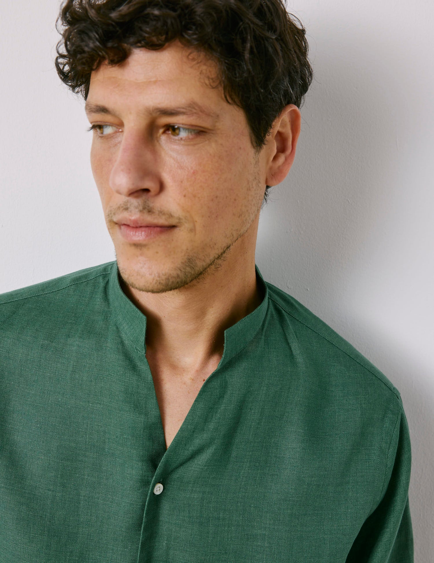 Green linen Carl shirt - Lin - droit ouvert Collar#3