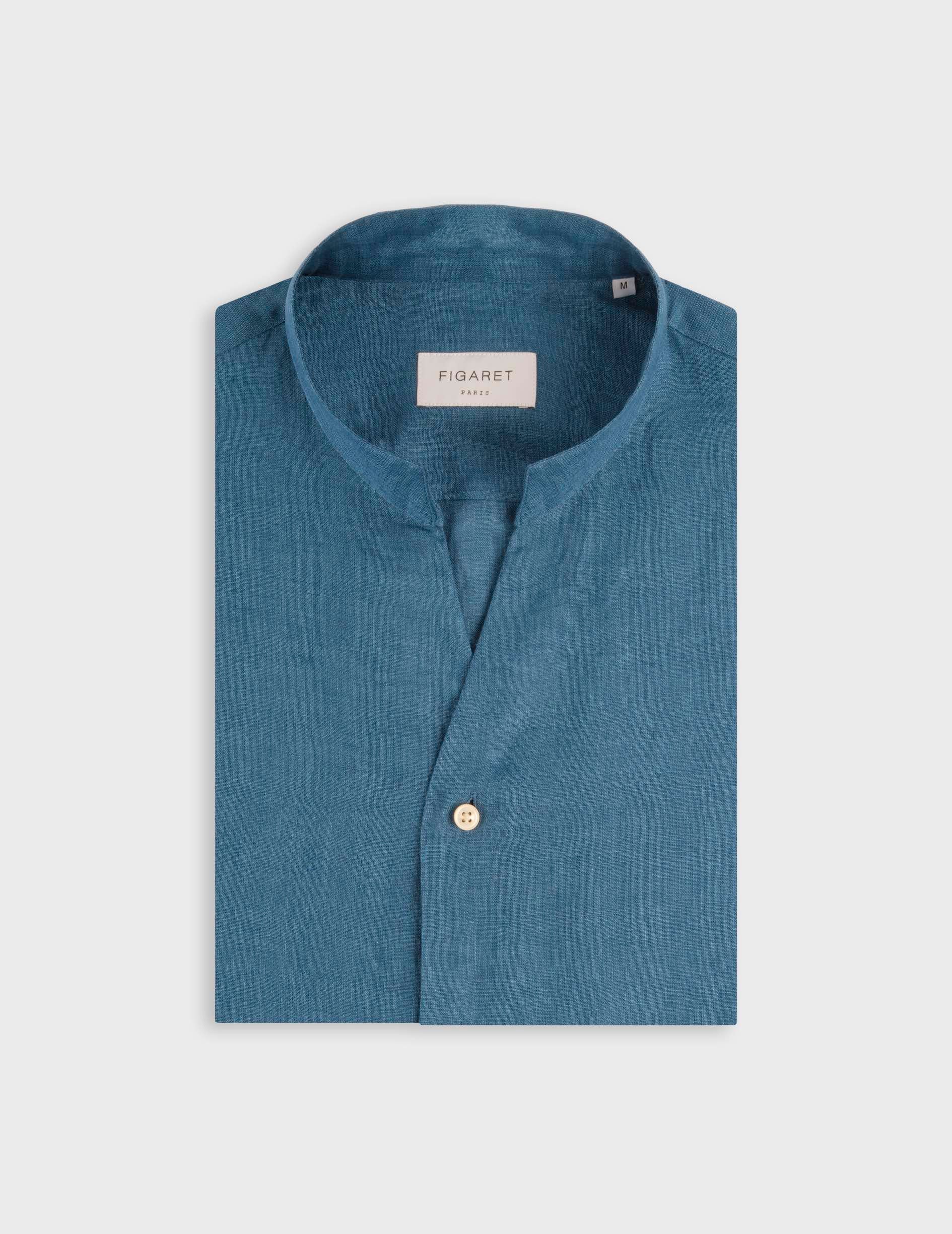 Chemise Carl en lin bleu - Lin - Col droit ouvert