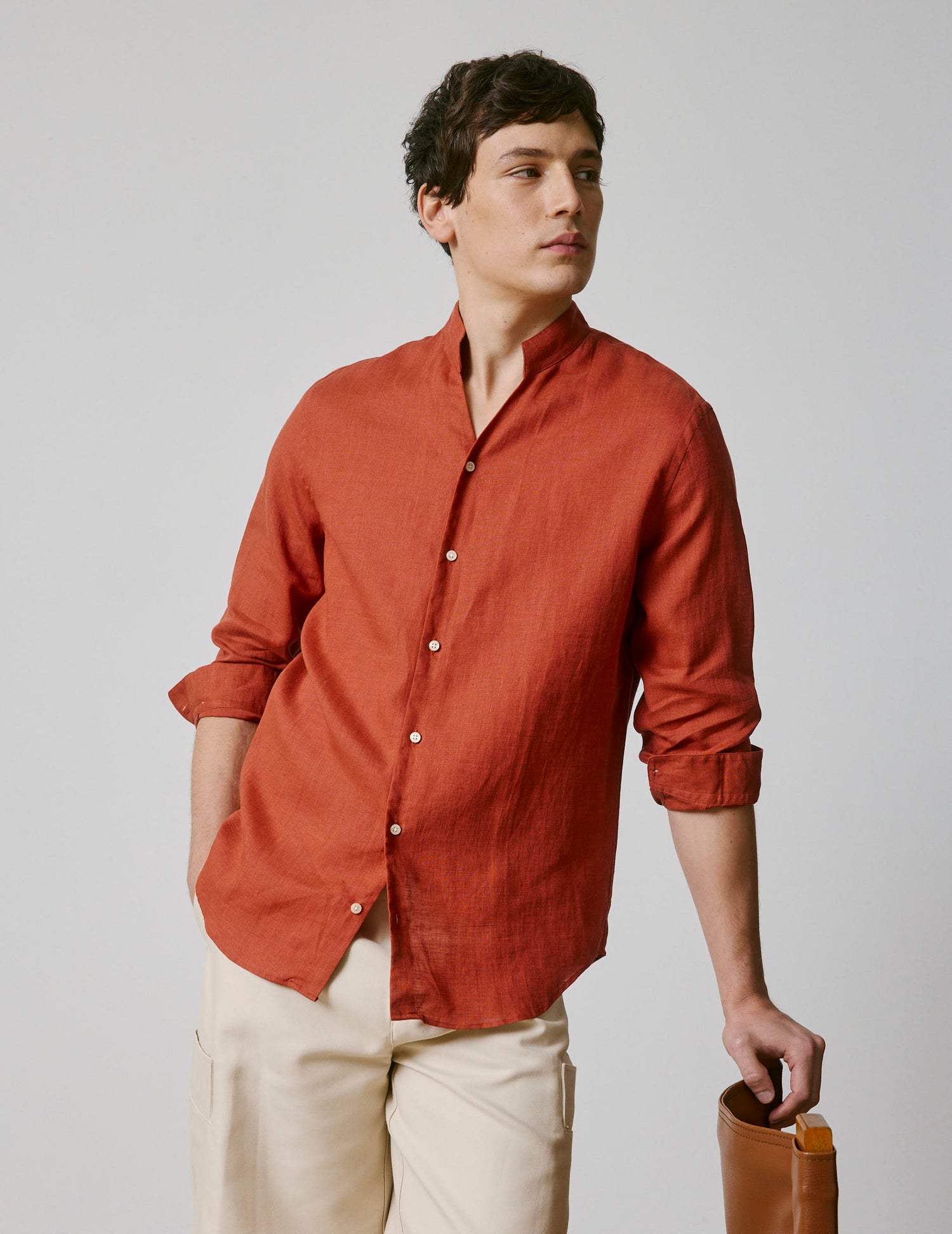 Rust linen Carl shirt - Lin - droit ouvert Collar