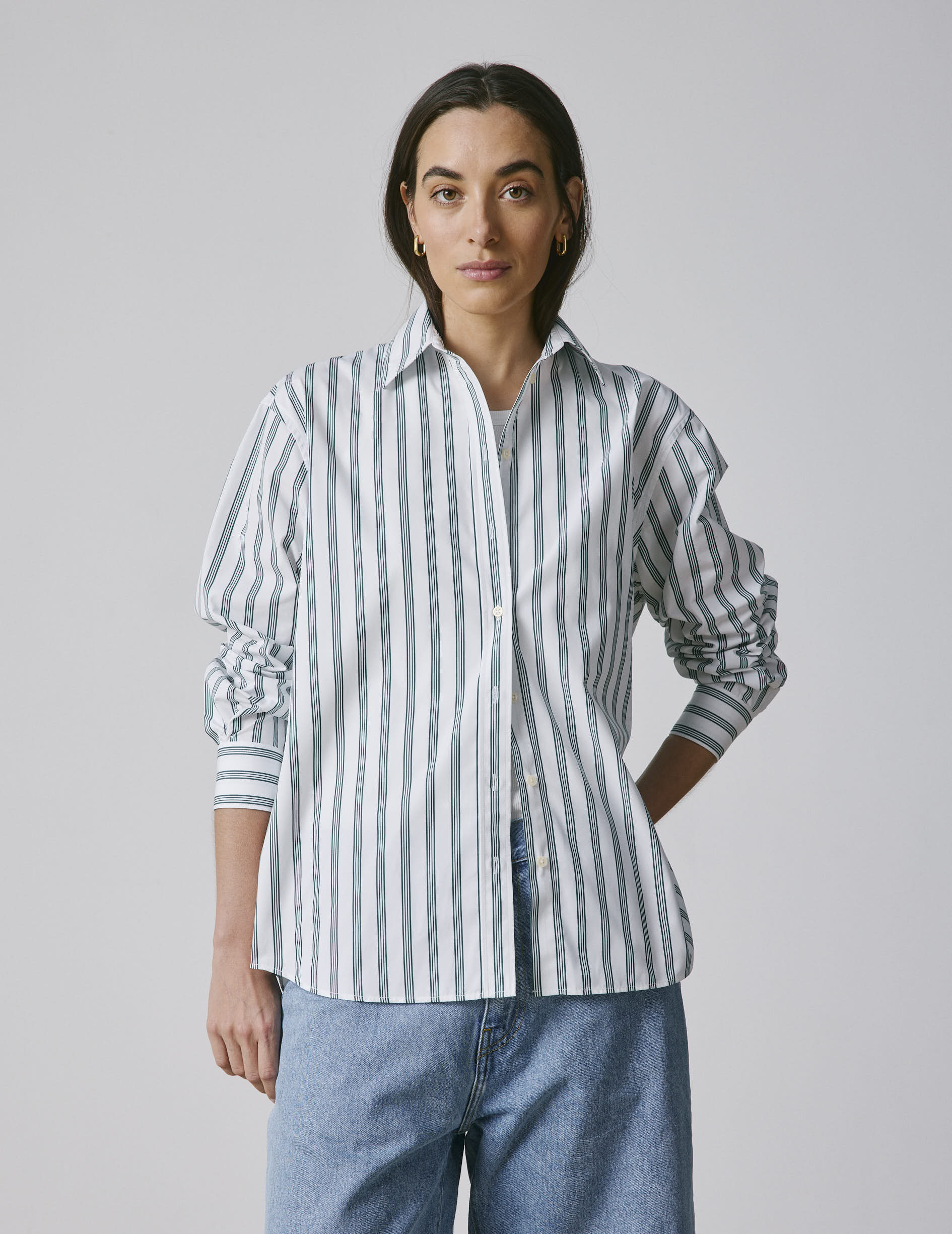 Delina Oversize striped dark green shirt - Poplin - Shirt Collar