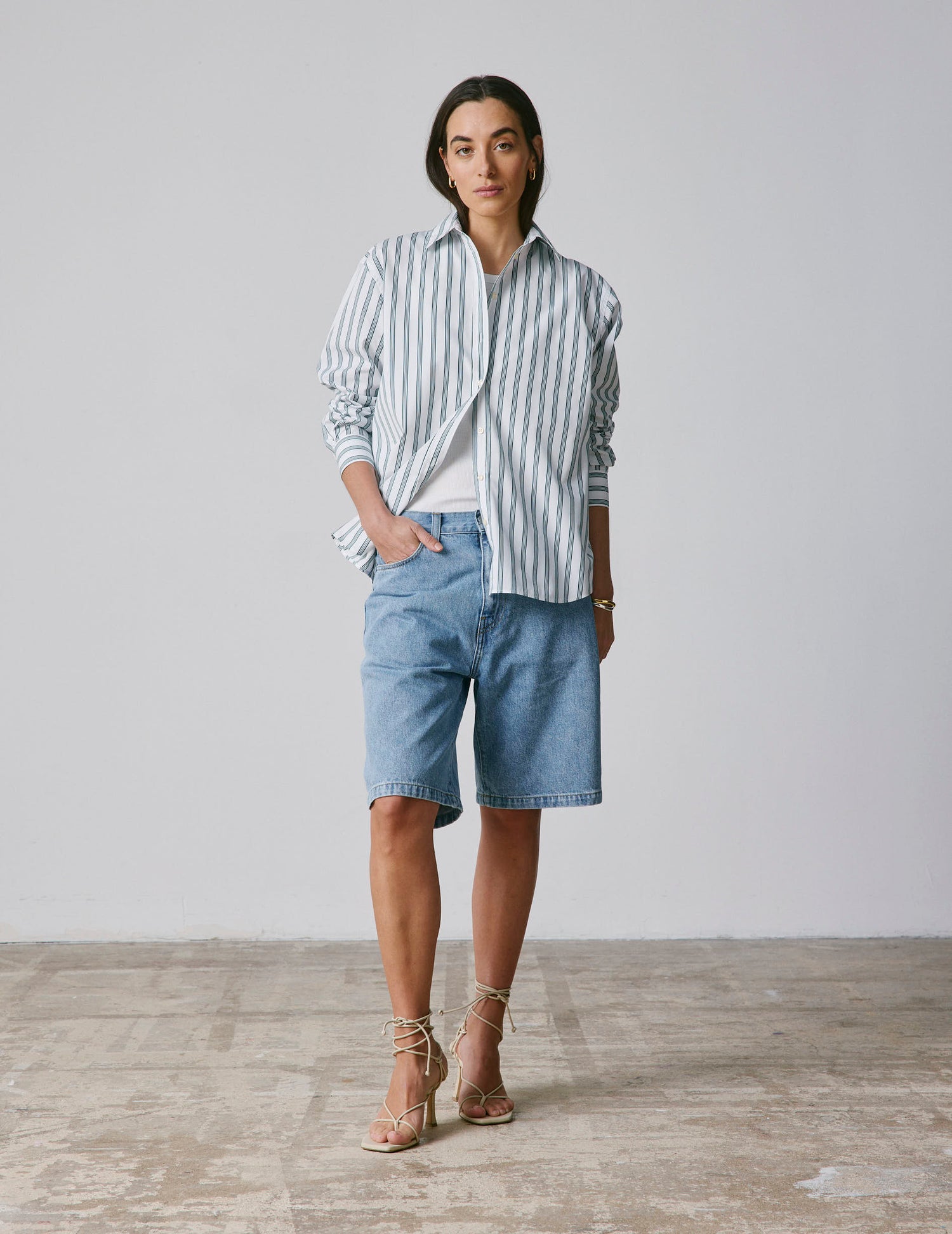 Delina Oversize striped dark green shirt - Poplin - Shirt Collar#3