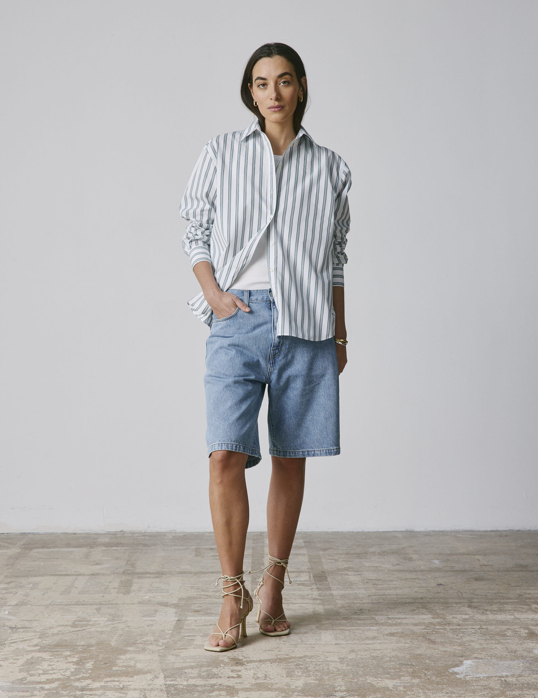 Delina Oversize striped dark green shirt - Poplin - Shirt Collar