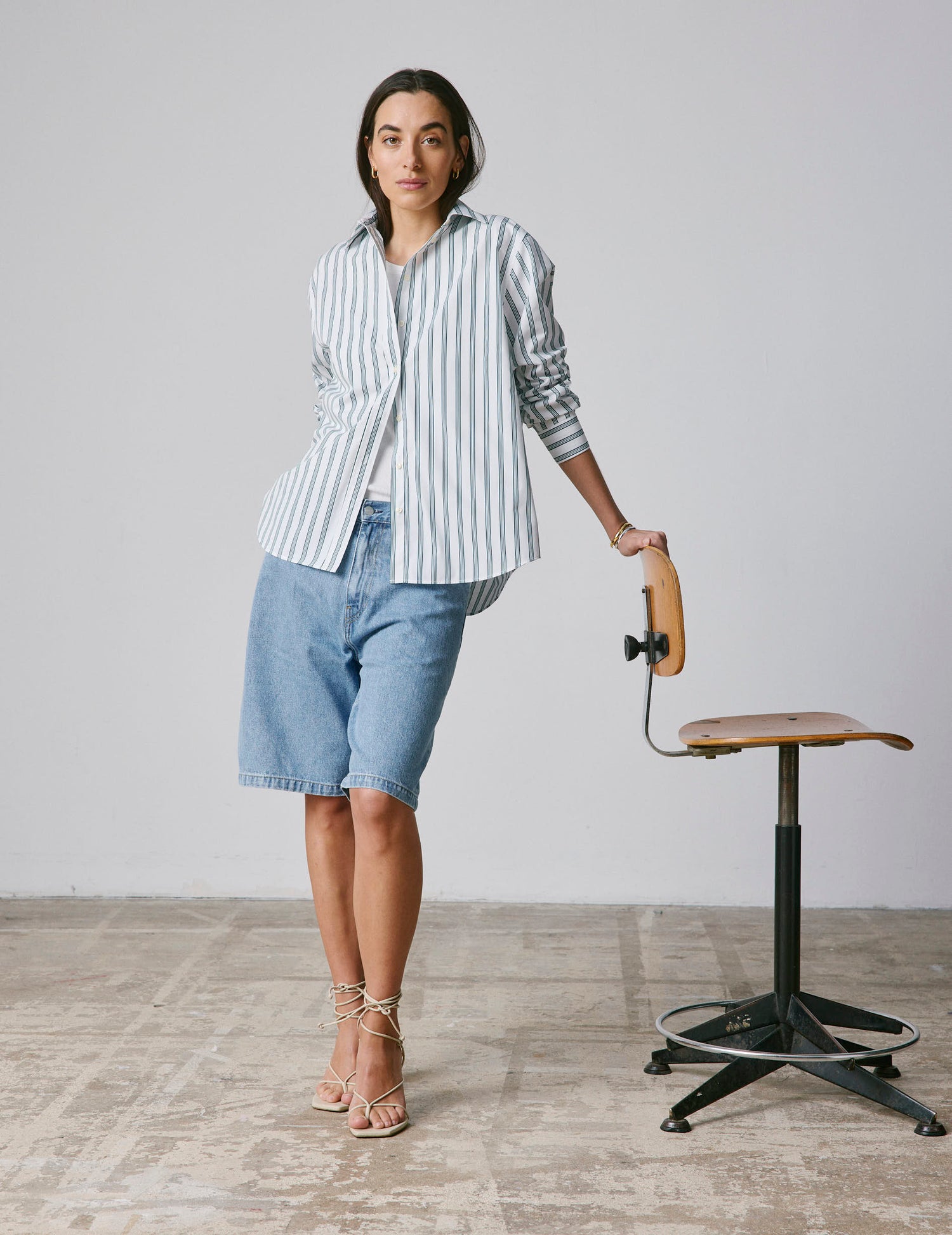 Delina Oversize striped dark green shirt - Poplin - Shirt Collar#4