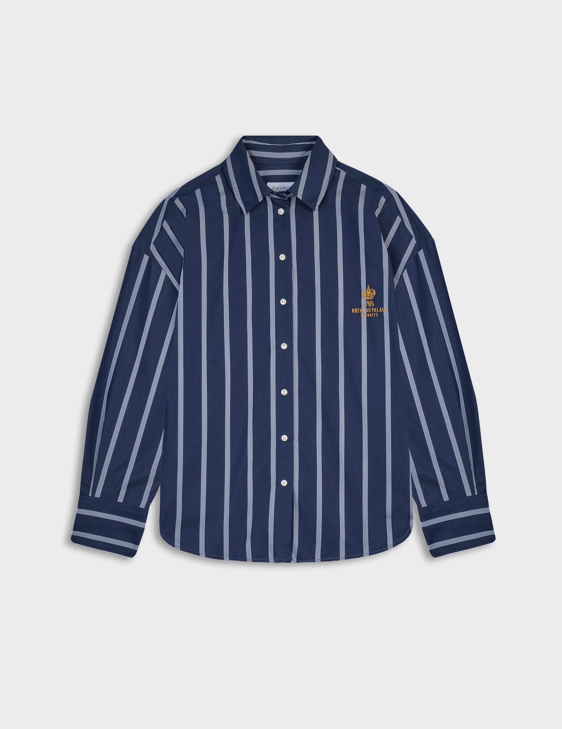 Chemise oversize Eugénie rayée bleu marine - Popeline - Col Chemise
