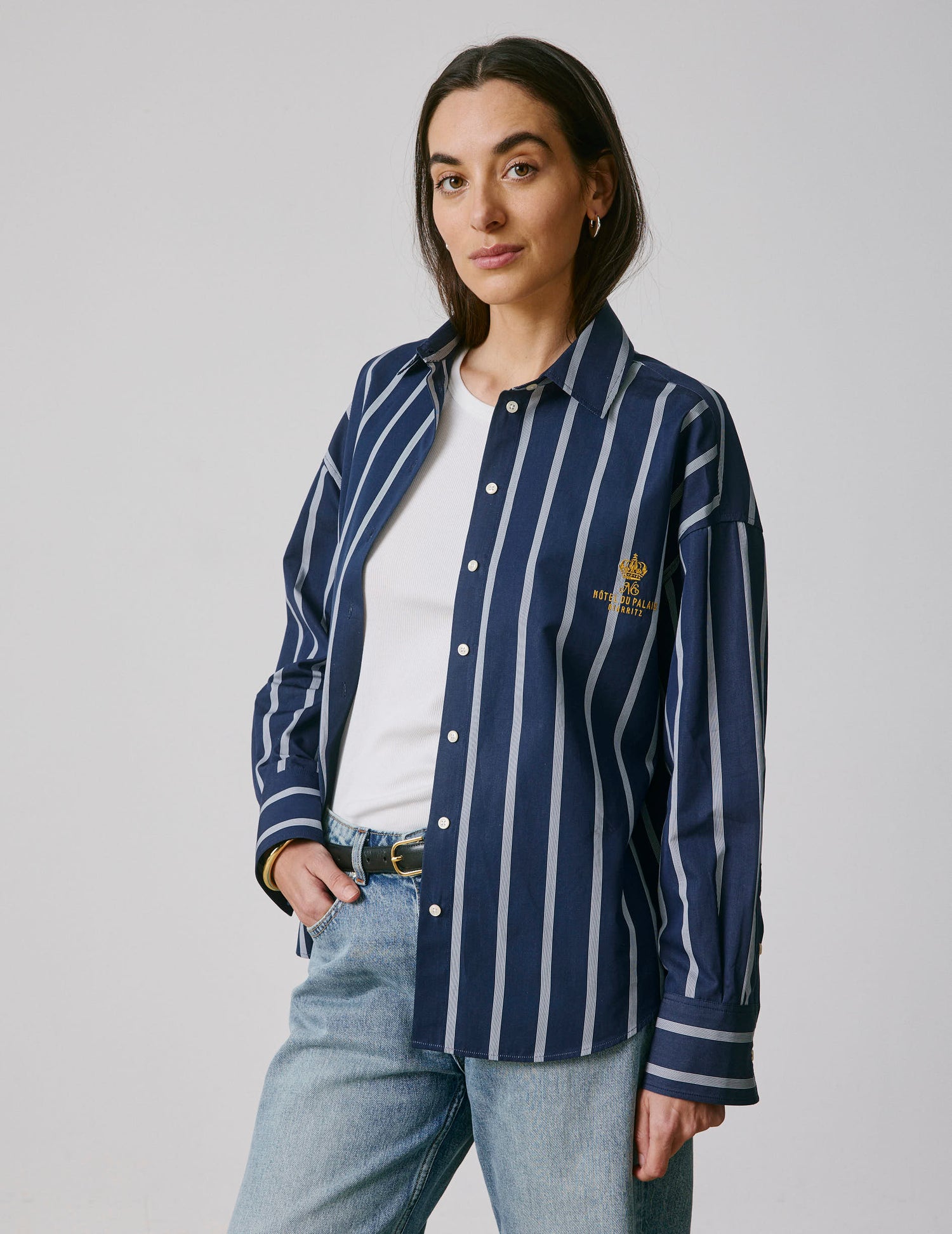 Chemise oversize Eugénie rayée bleu marine - Popeline - Col Chemise#2