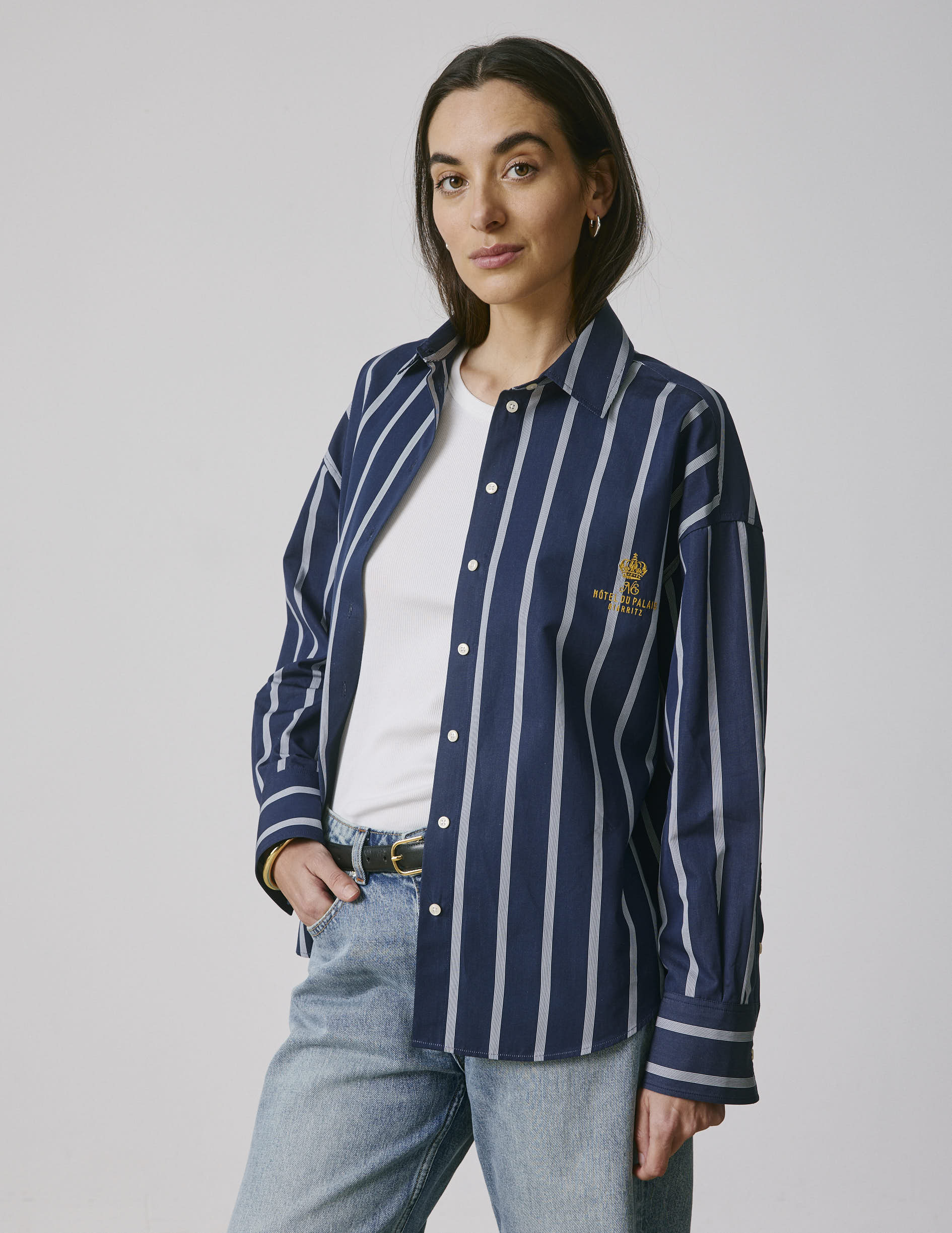 Chemise oversize Eugénie rayée bleu marine - Popeline - Col Chemise