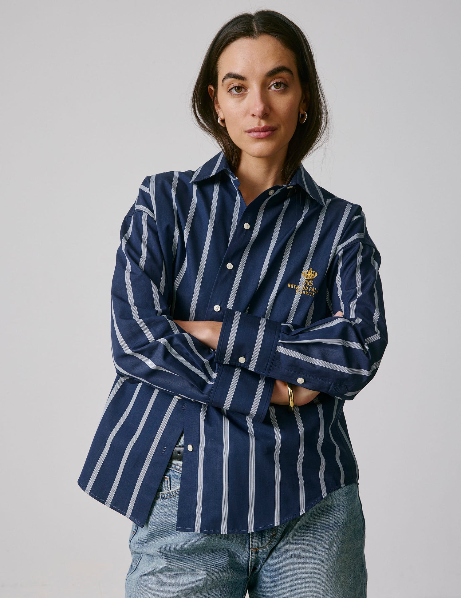 Chemise oversize Eugénie rayée bleu marine - Popeline - Col Chemise#4